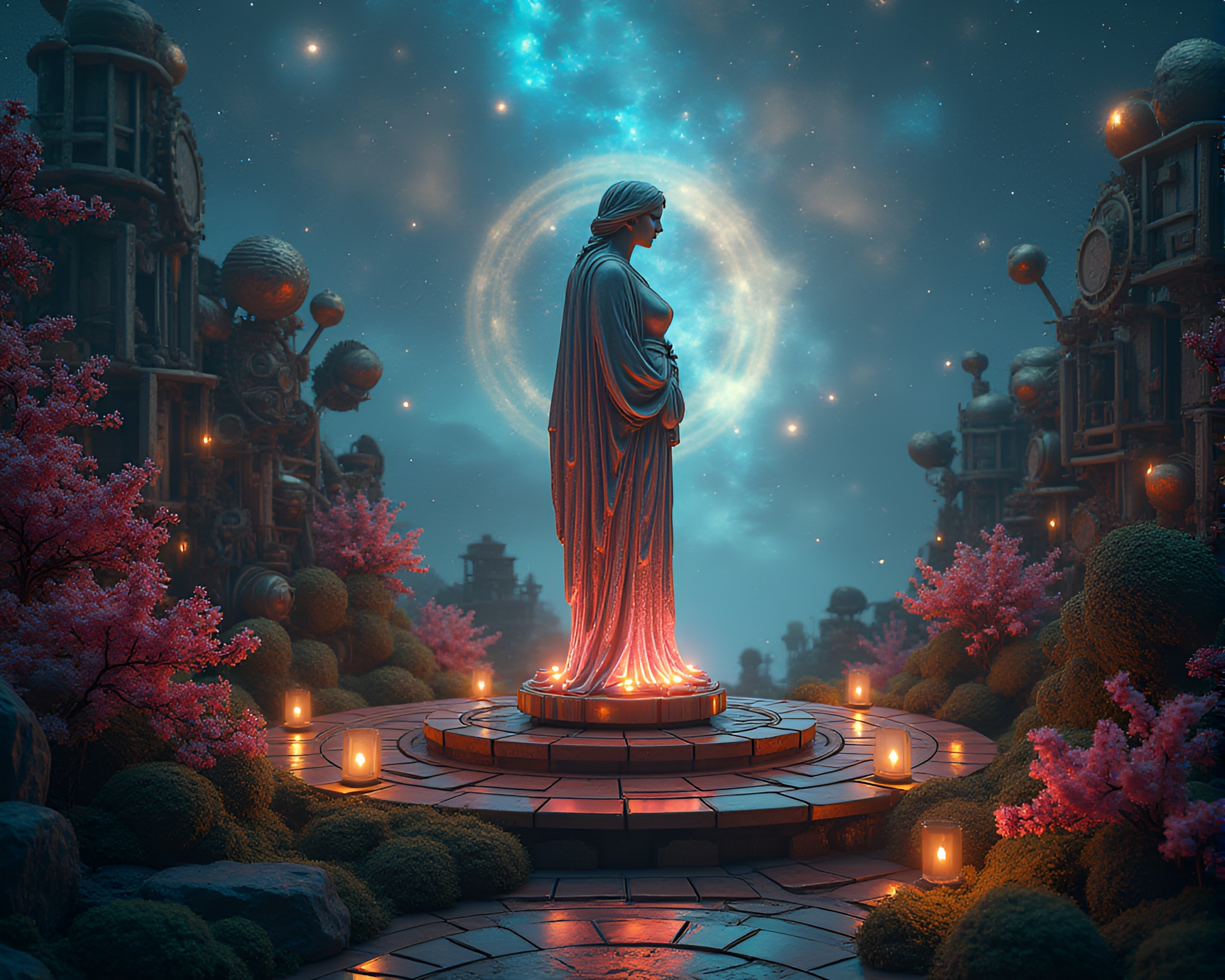 Cosmic Clockwork Garden Statue Under Ambient Light – free AI stock image