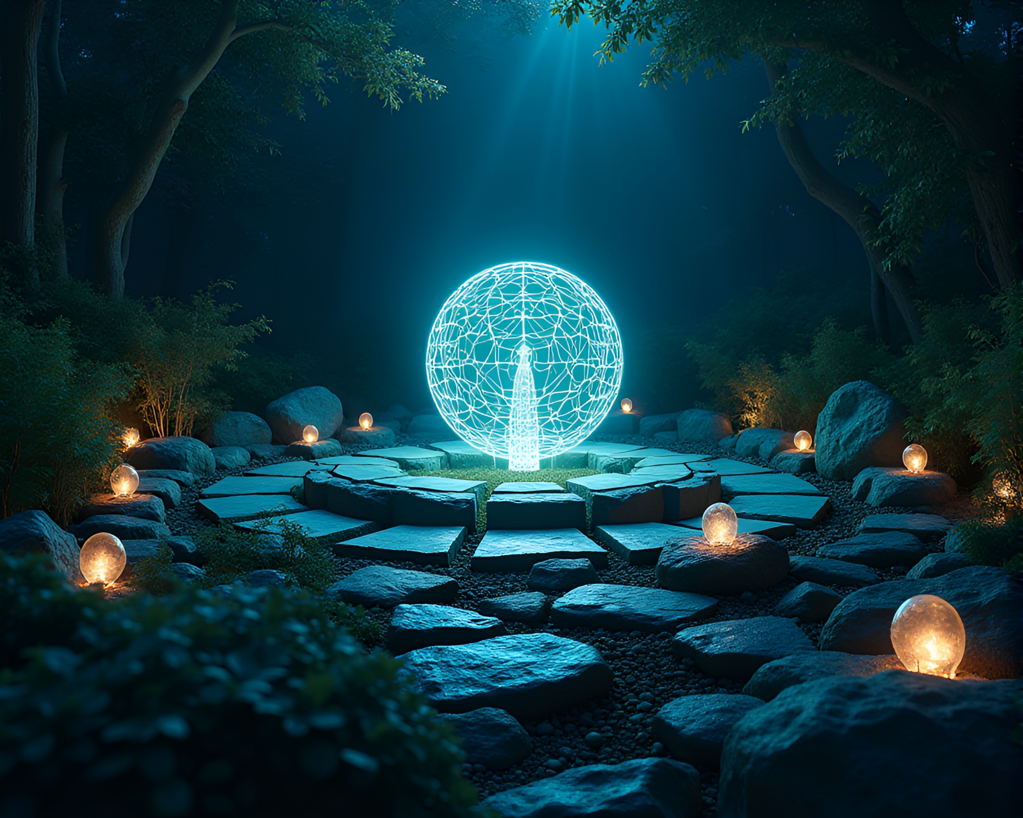 Enchanting Bioluminescent Stone Circle with Kinetic Sculpture – free AI stock image