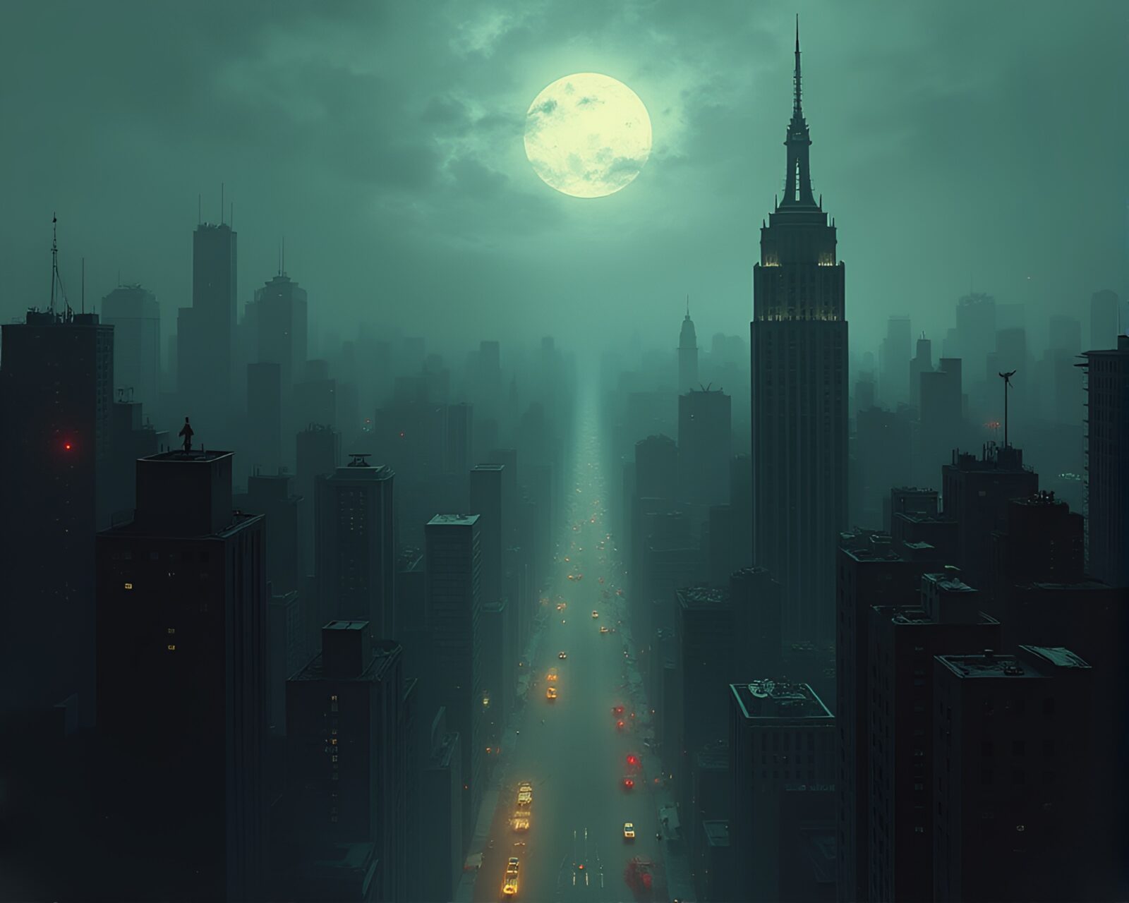 Haunting oil painting of living city with sinister aura.