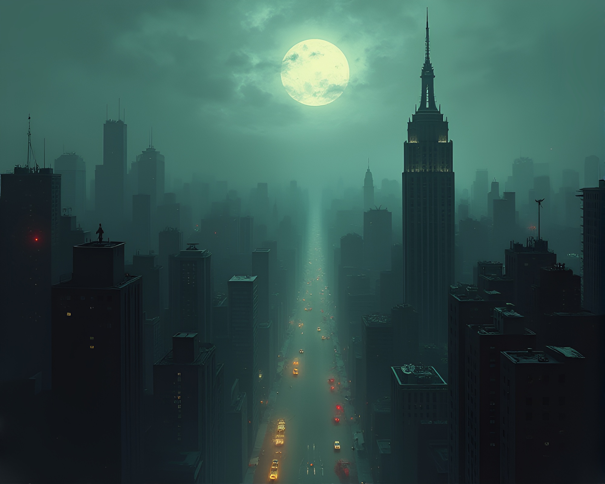 Eerie Cityscape: Sinister Aura Over Bustling Metropolis – free AI stock image