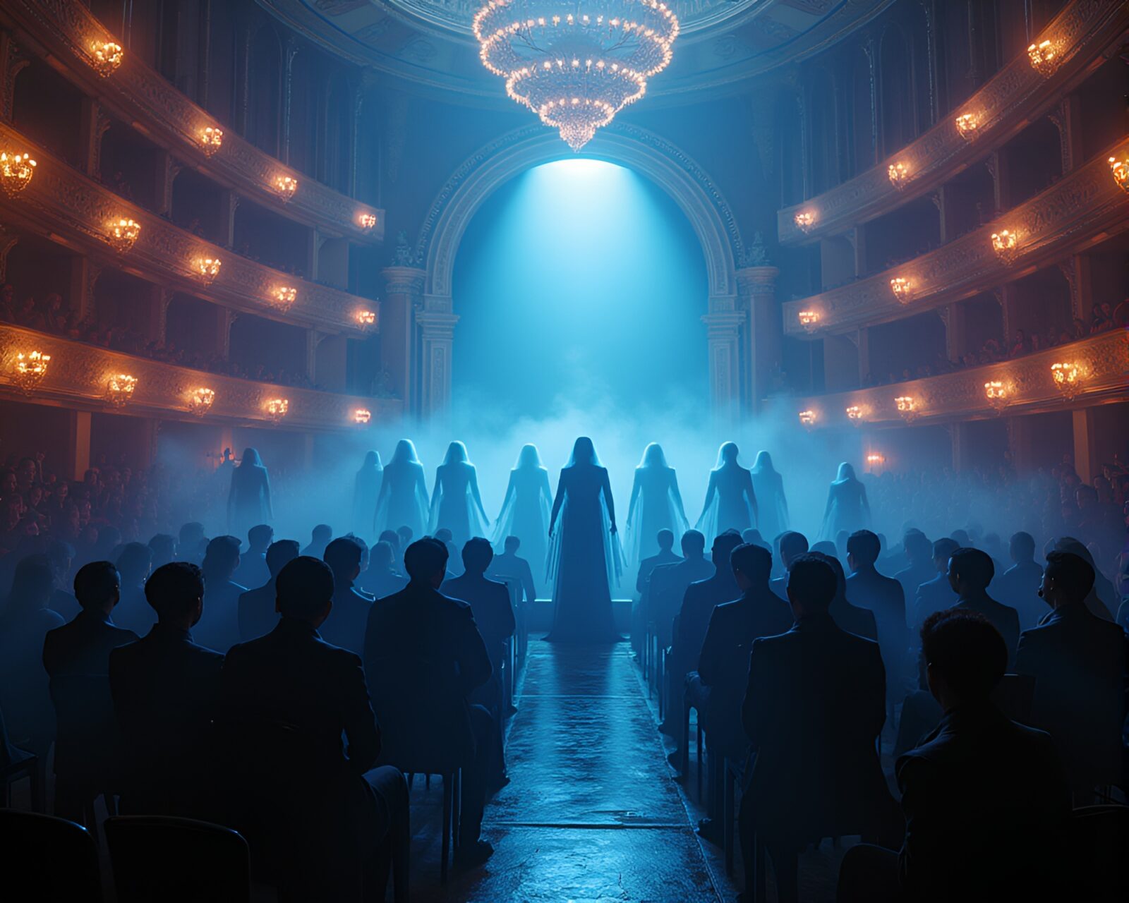 Ethereal opera performance with glitched-out psychedelic visuals
