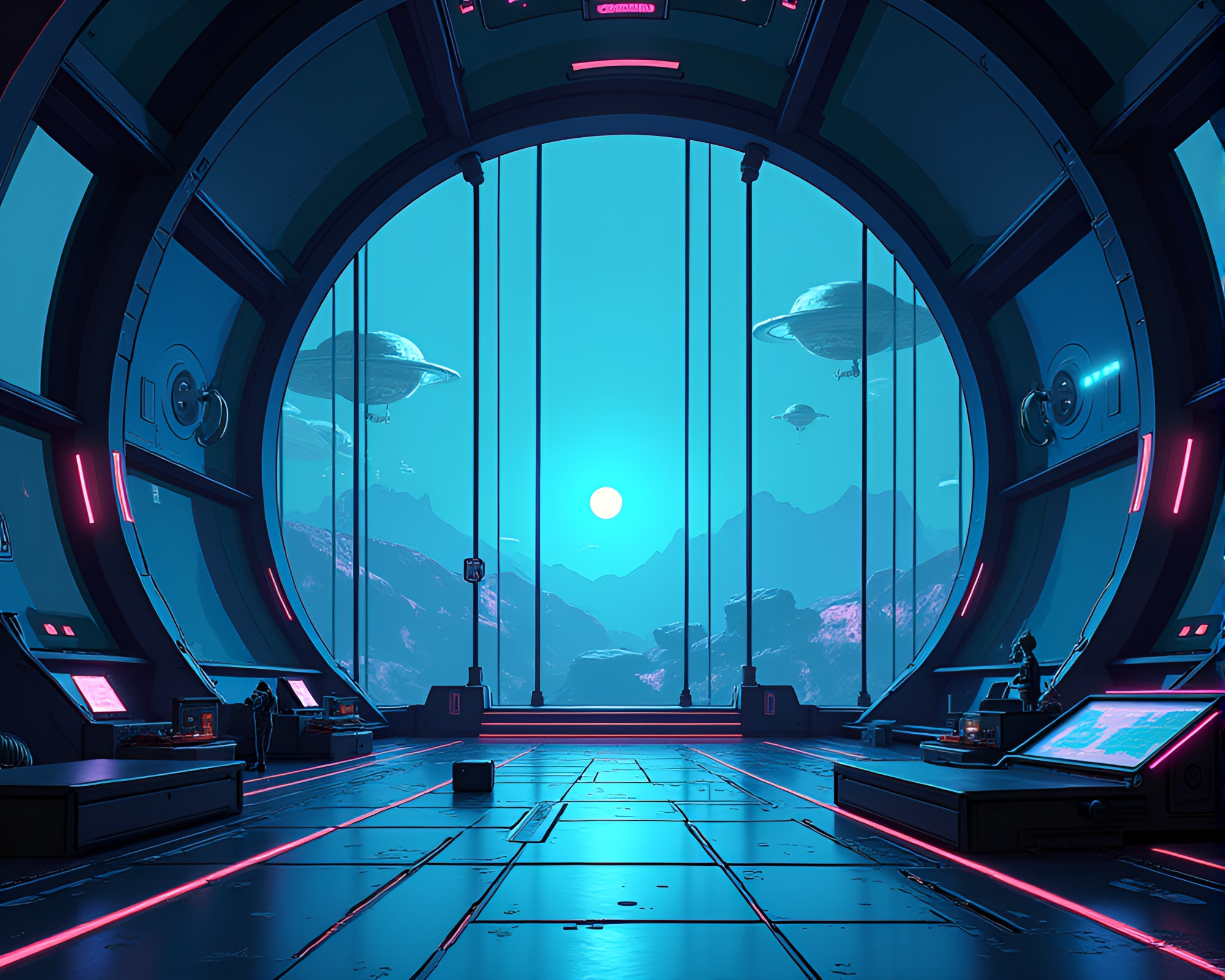 Futuristic Glass-Walled Observatory with 8-Bit Glitch Art – free AI stock image