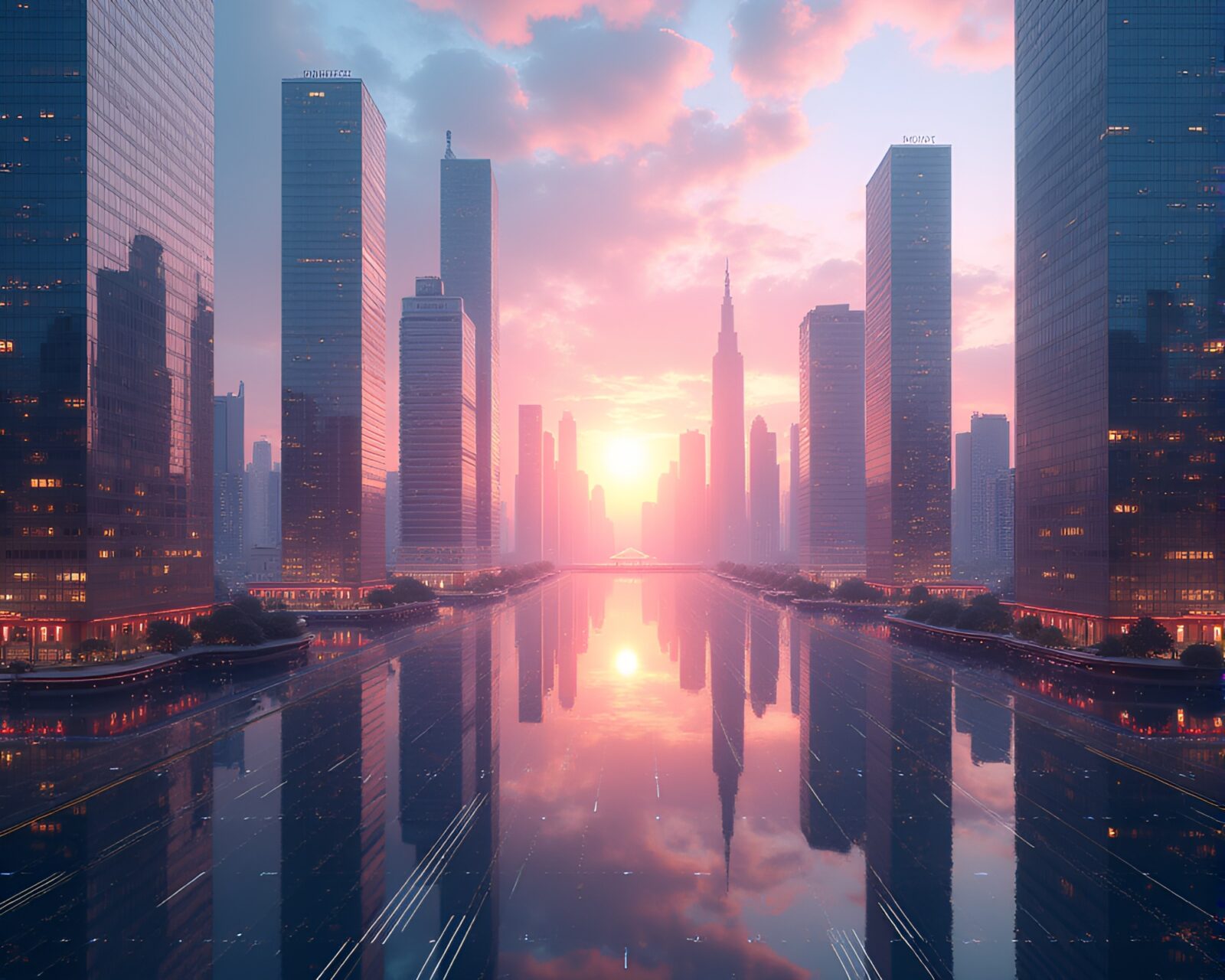 Stunning visual of mirrored skyscrapers reflecting glowing horizon