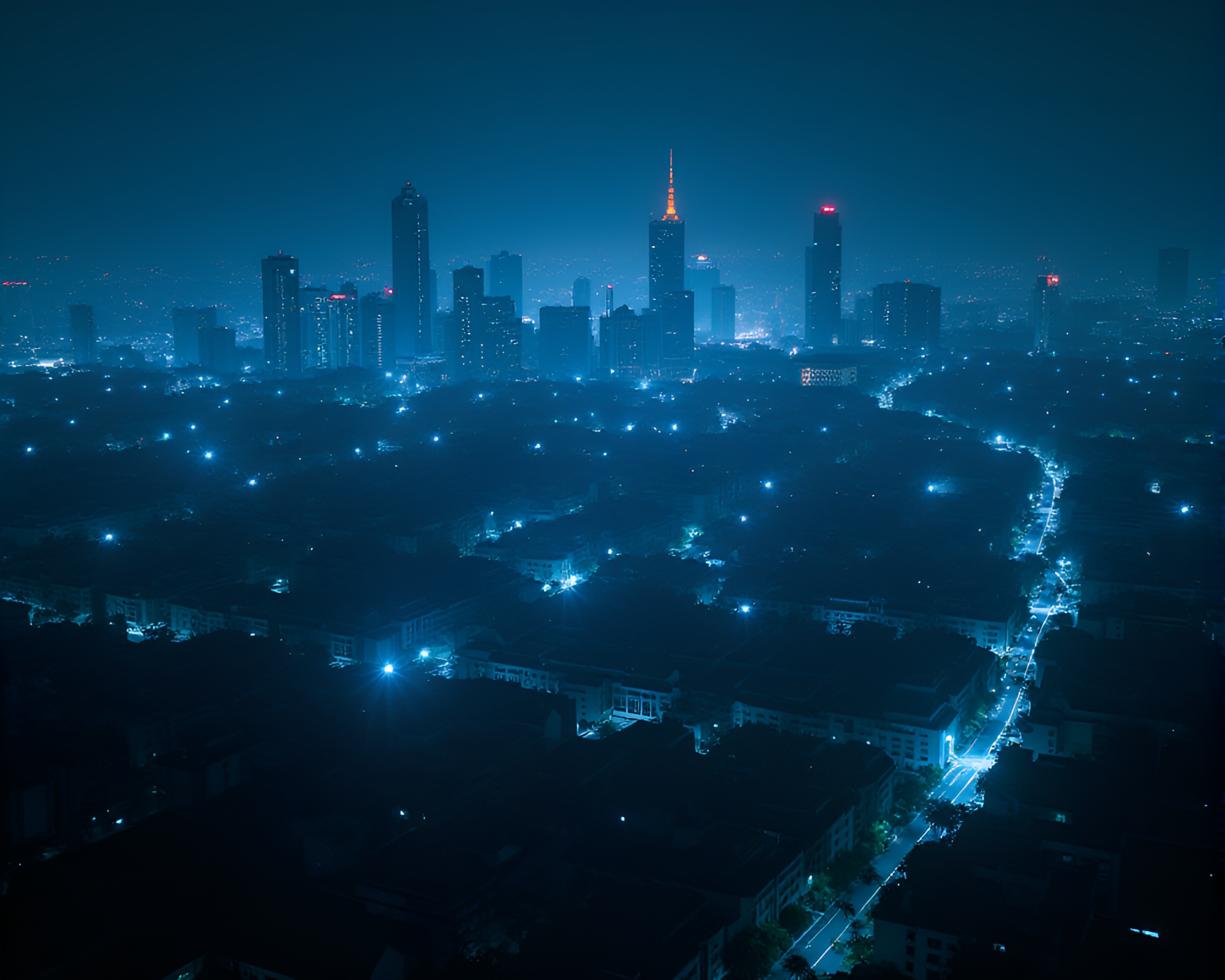 Ethereal Bioluminescent Urban Sprawl Glowing at Night – free AI stock image