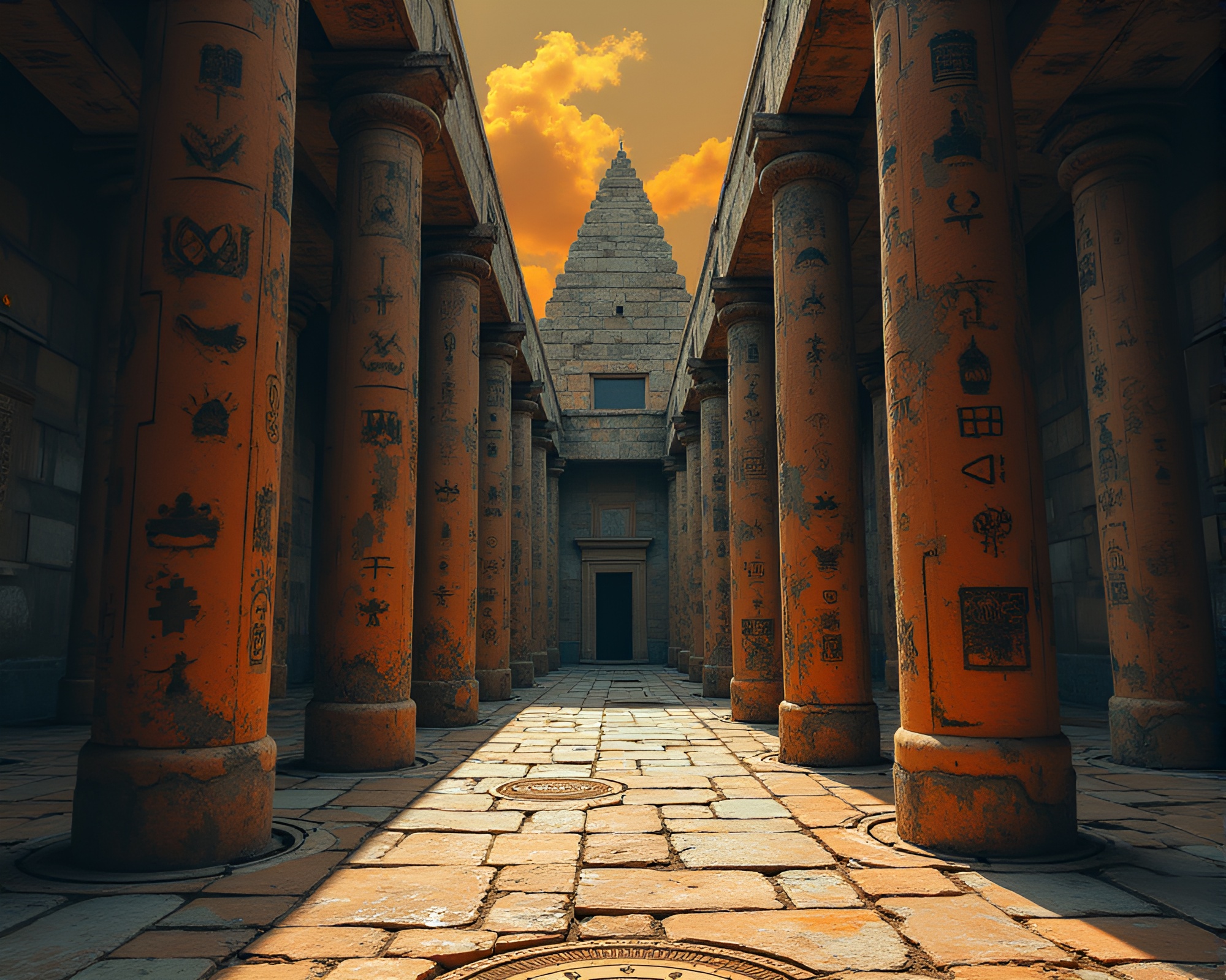 Mysterious Cubism-Style Temple Covered in Intricate Glyphs – free AI stock image