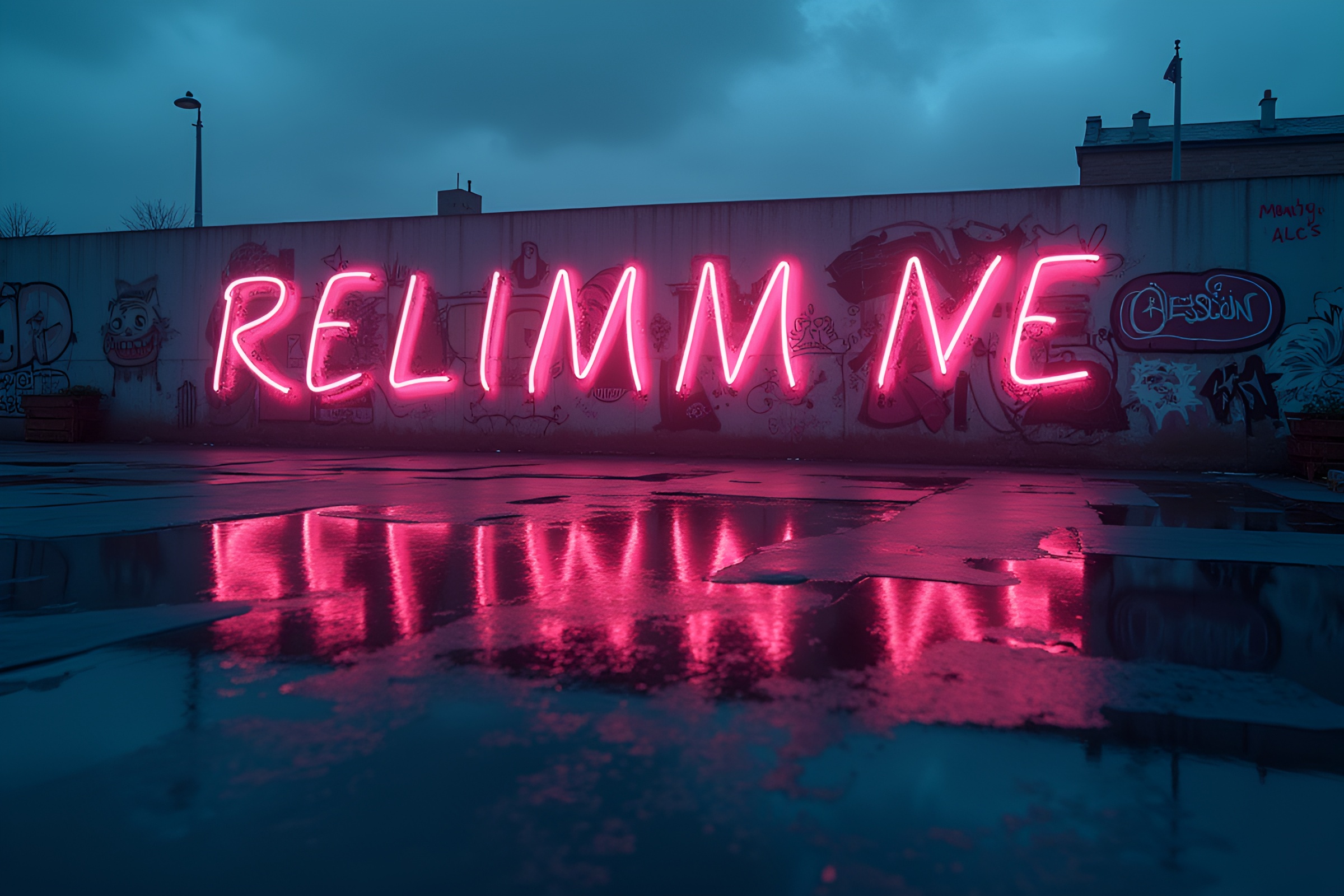 Neon Graffiti Reflections in Somber Horizon – free AI stock image