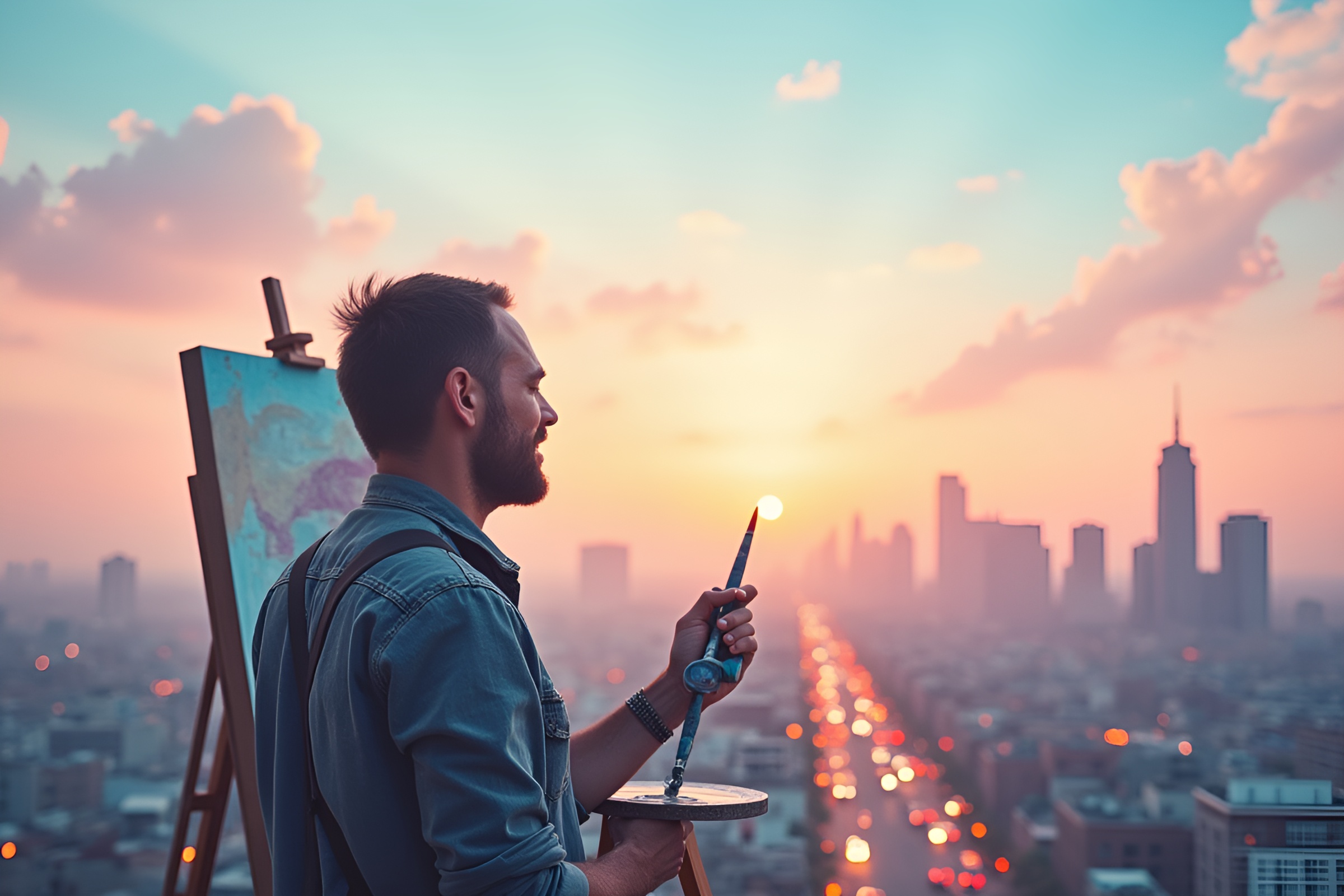 Wistful Artist Creating in Pastel Metropolis Sky – free AI stock image