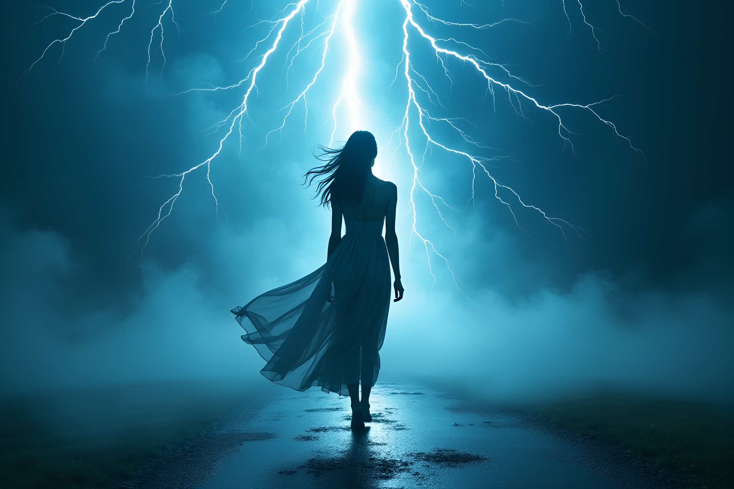 Fashion Model in Serene Chaos: Electric Storm – free AI stock image