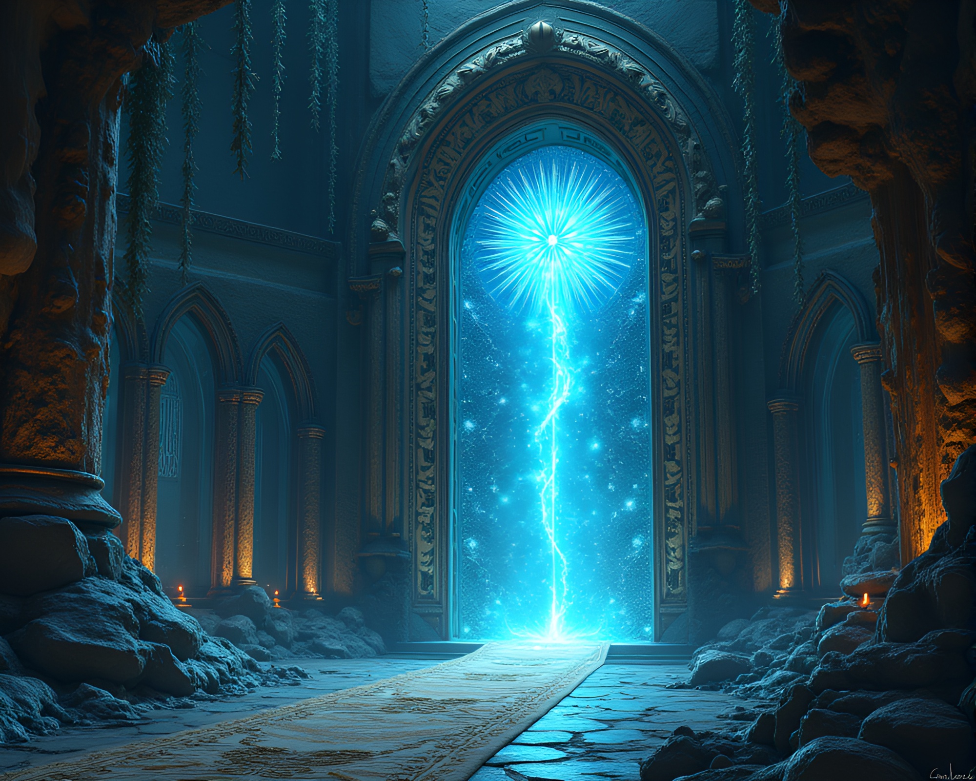 Enchanting labyrinth of glowing doors: a surreal masterpiece – free AI stock image