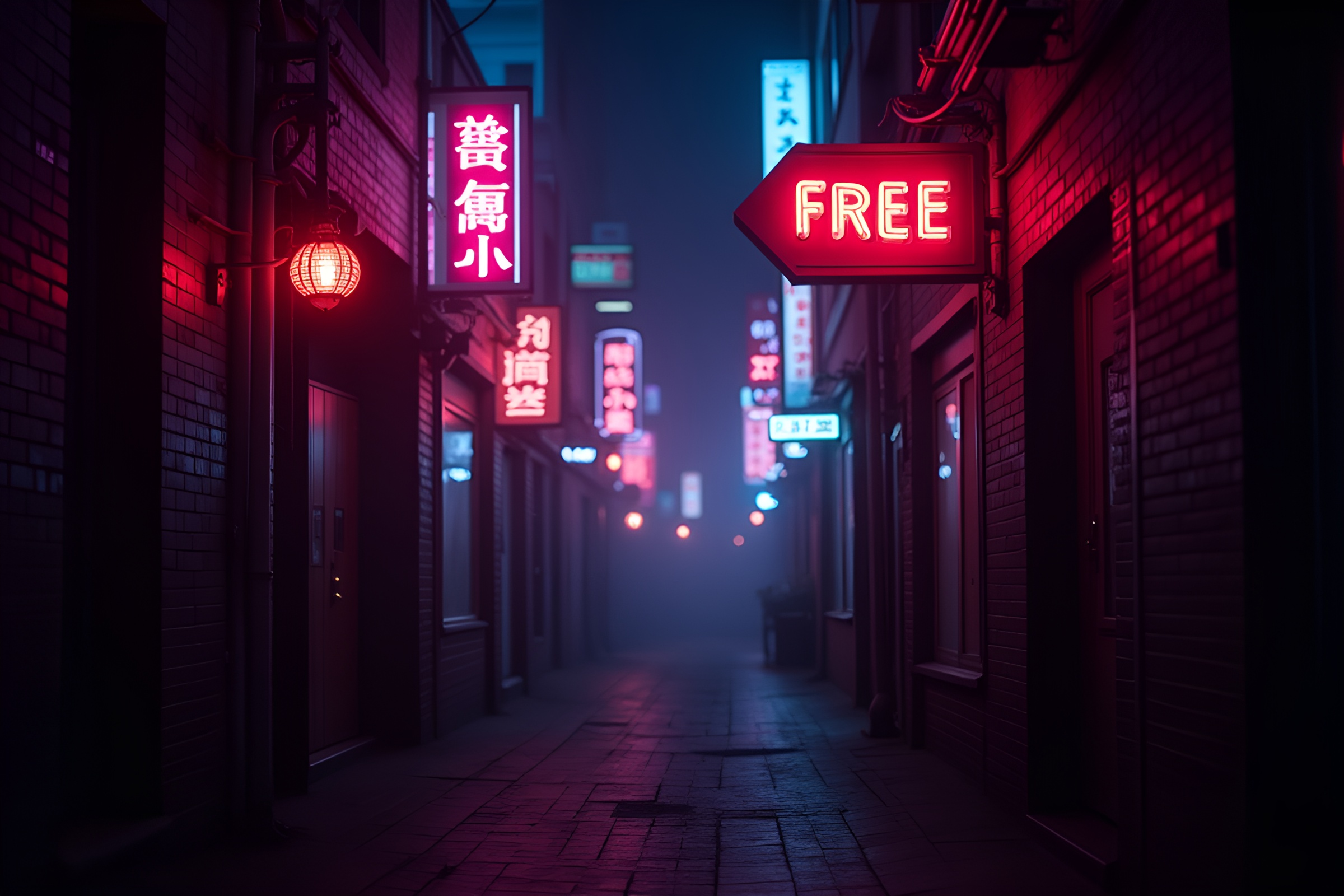 Neon Lit Alleyway Night Stock Photo – free AI stock image