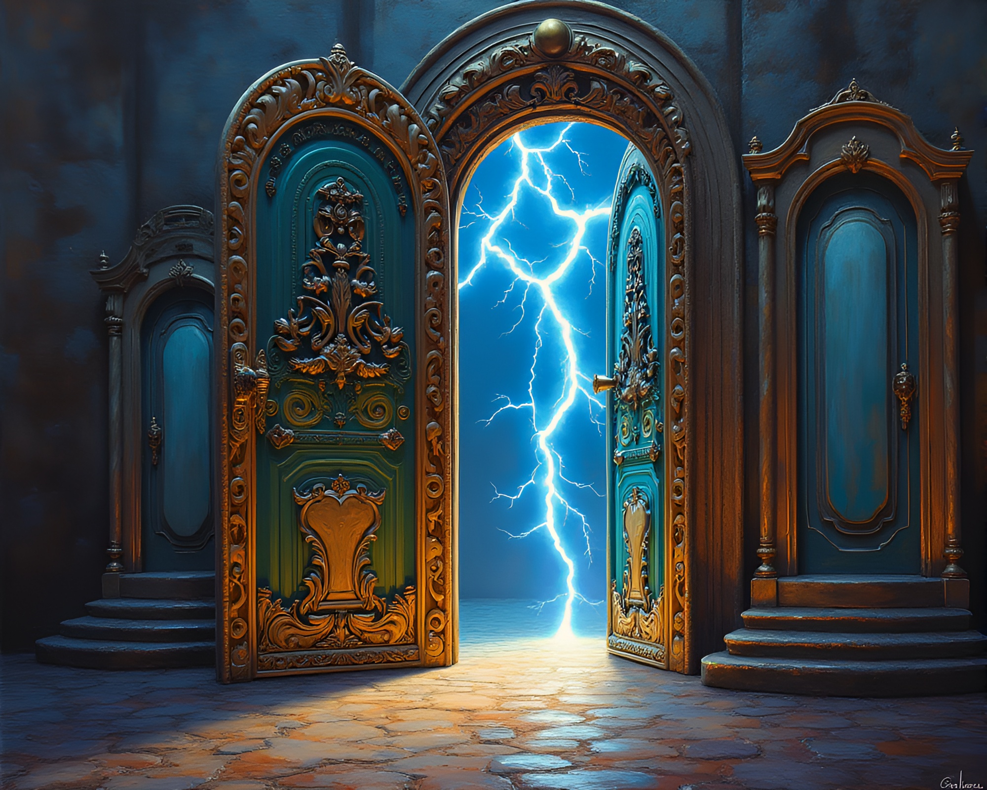 Enchanting Oil Painting of Intricately Detailed Labyrinth of Doors – free AI stock image