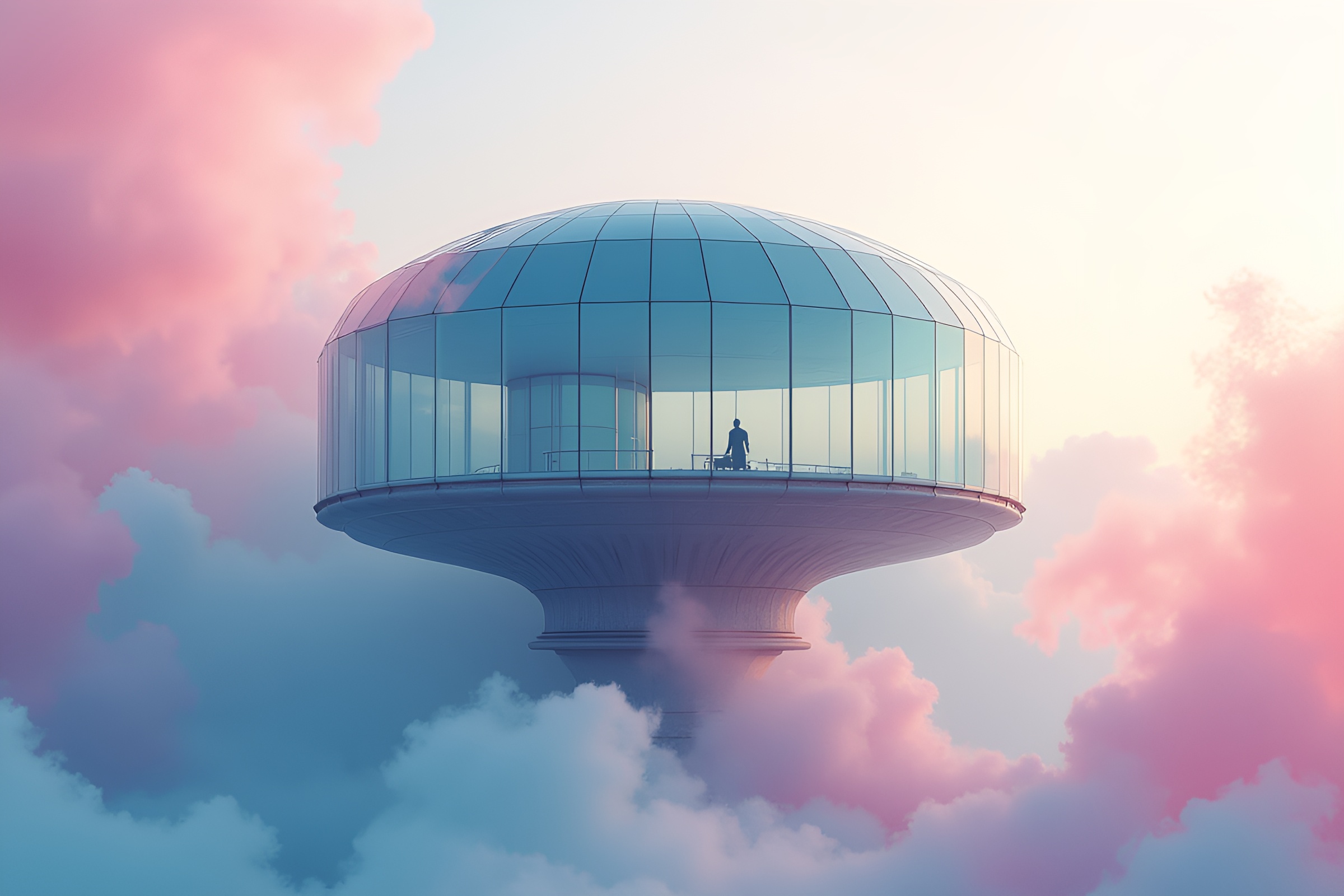 Dreamlike Glass-Walled Observatory in Serene Setting – free AI stock image