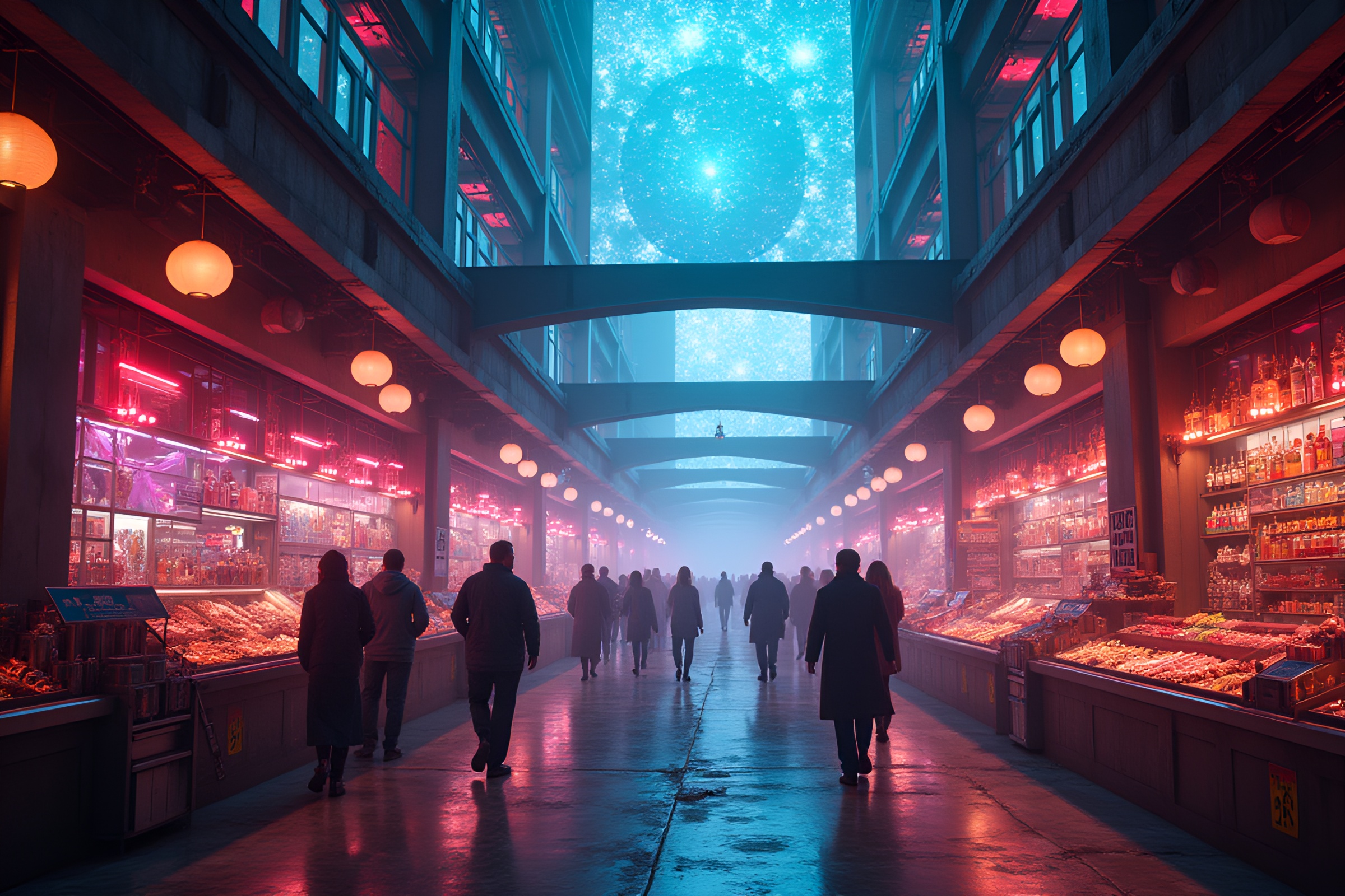 Futuristic Holographic Bazaar in Dystopian Setting – free AI stock image