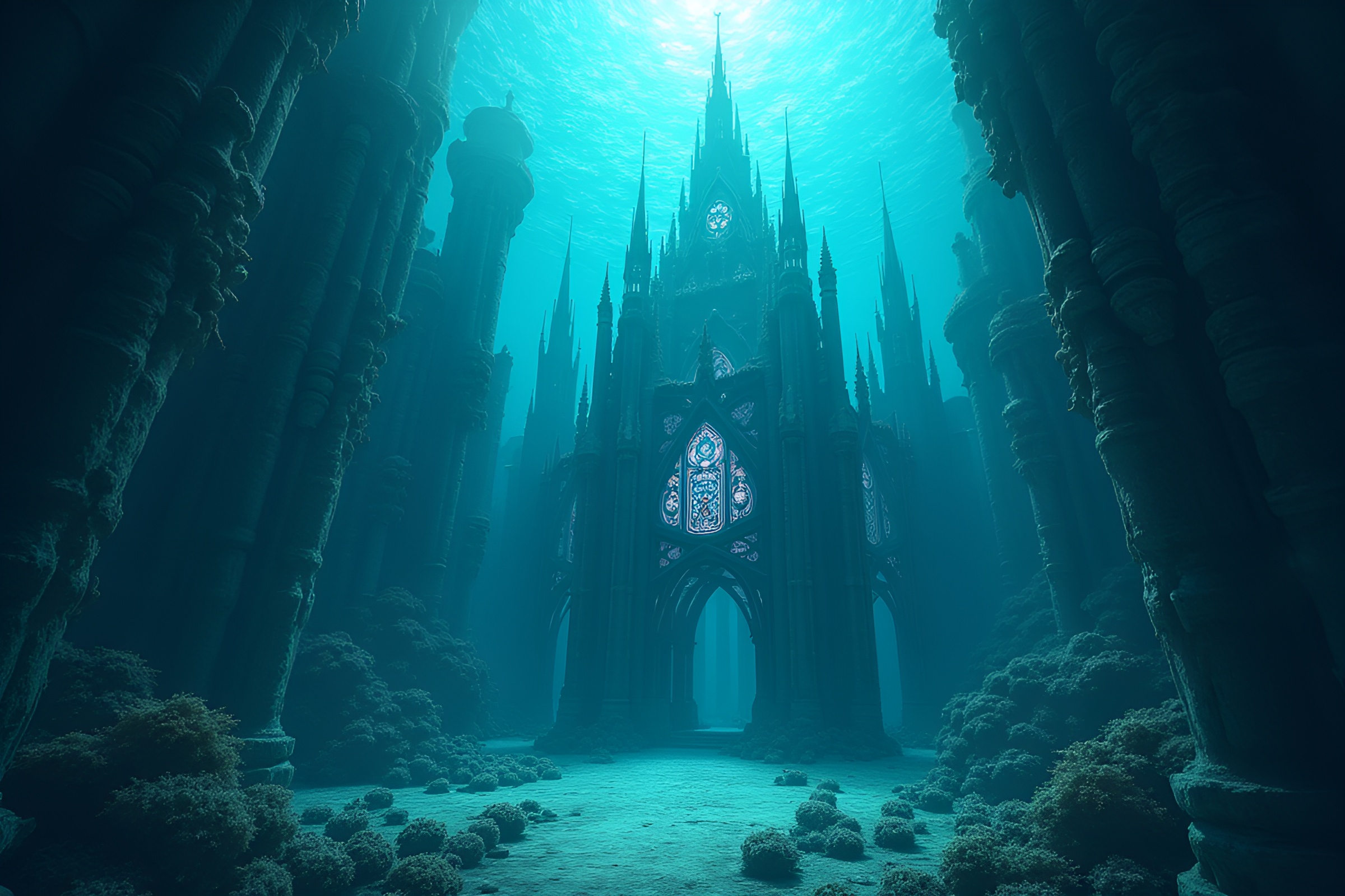Underwater Cathedral: Minimalistic Portrait in the Abyss – free AI stock image
