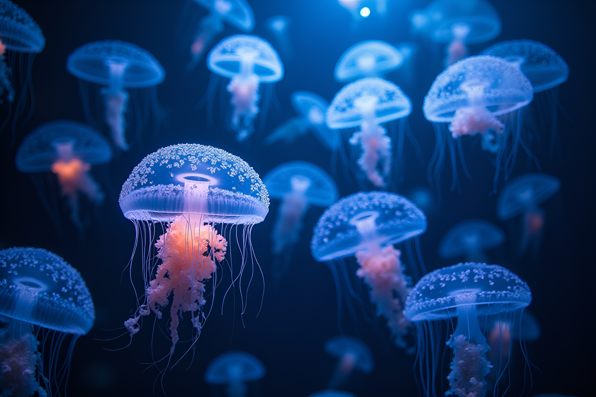 Luminescent Jellyfish Swarm in Intricate Embroidery Patterns – free AI stock image