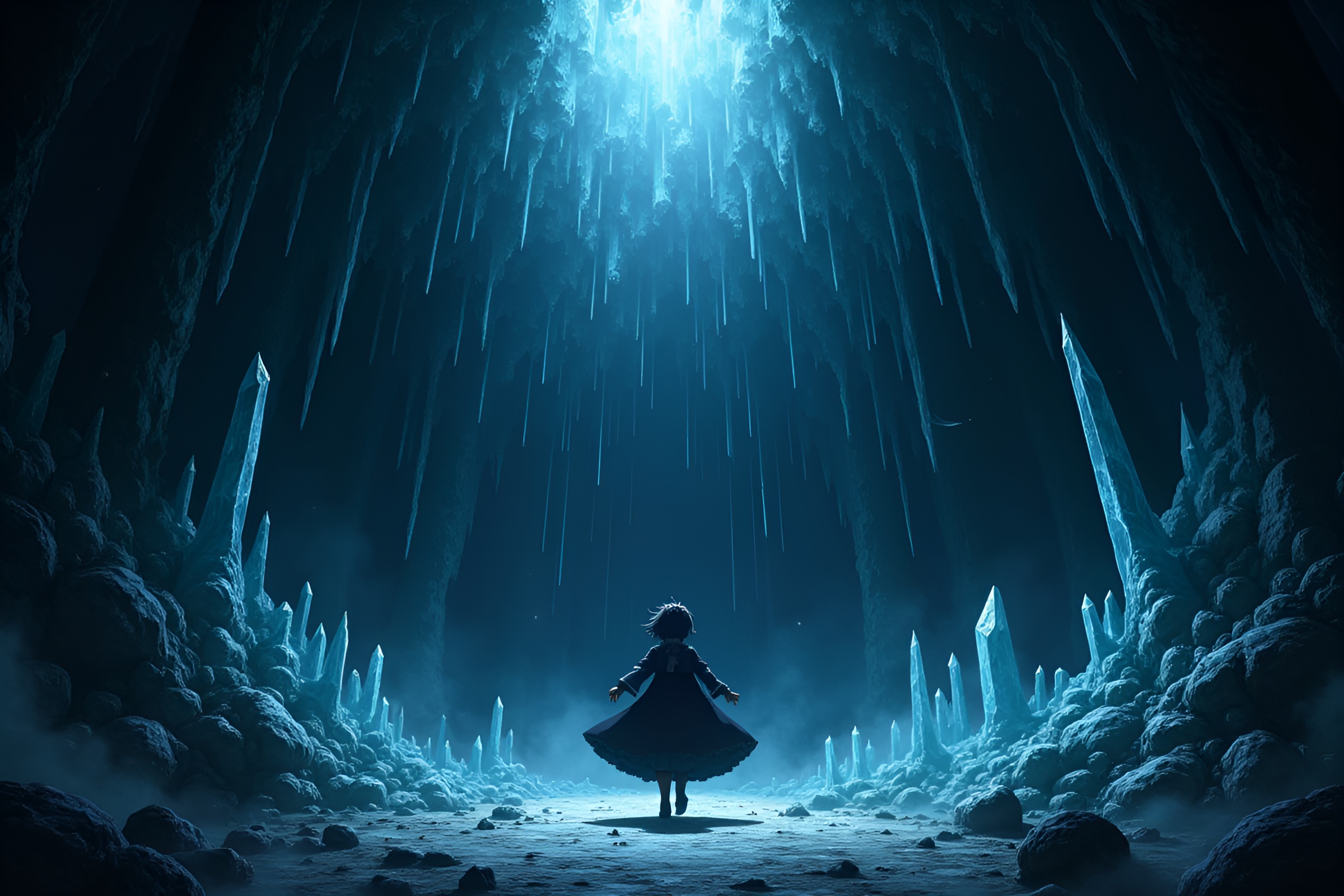 Mysterious Anime Character in Crystal Cavern – free AI stock image