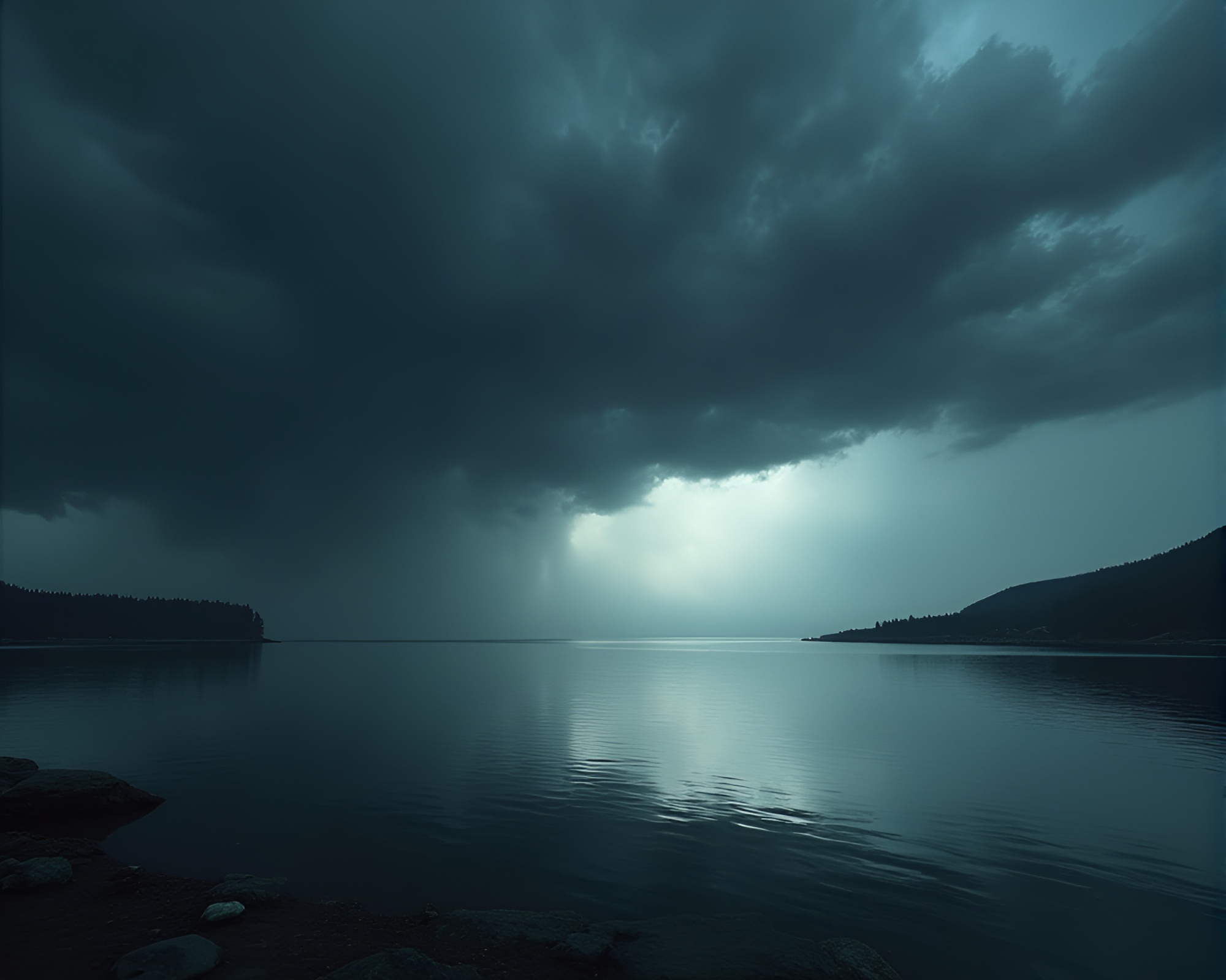 Ominous Dark Storm Clouds Reflecting on Mirrored Horizon – free AI stock image