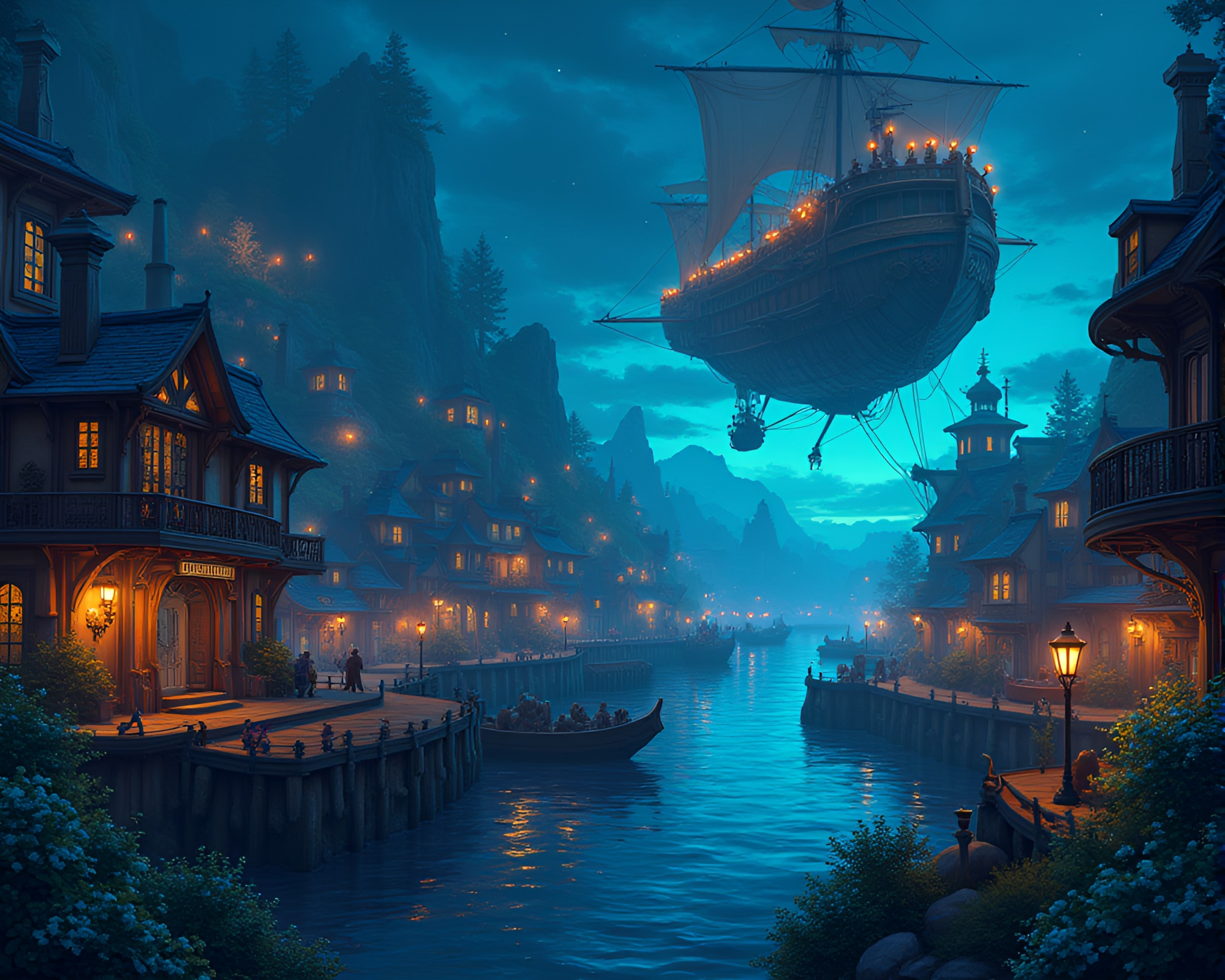Steampunk Airship Port Buzzing with Bioluminescent Beauty – free AI stock image