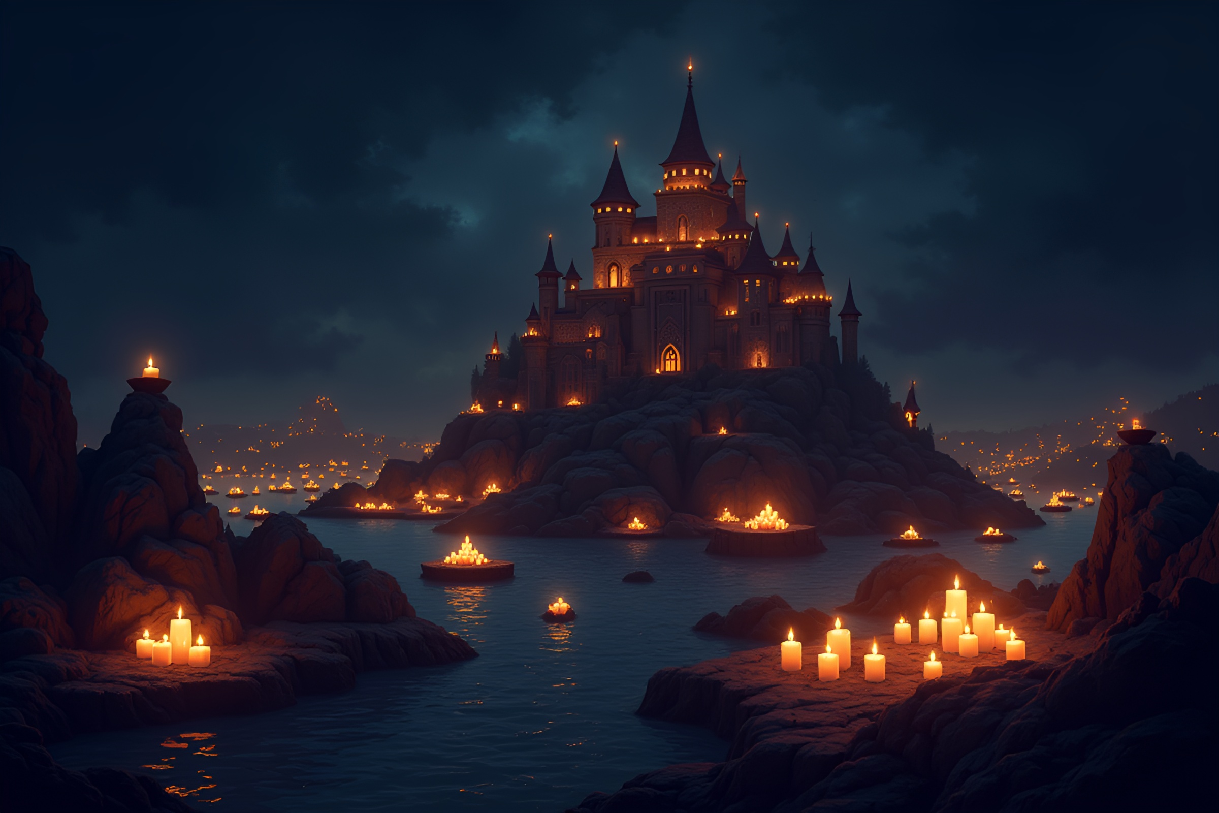 Rustic Citadel amidst Flickering Candlelights in Glitch Art – free AI stock image