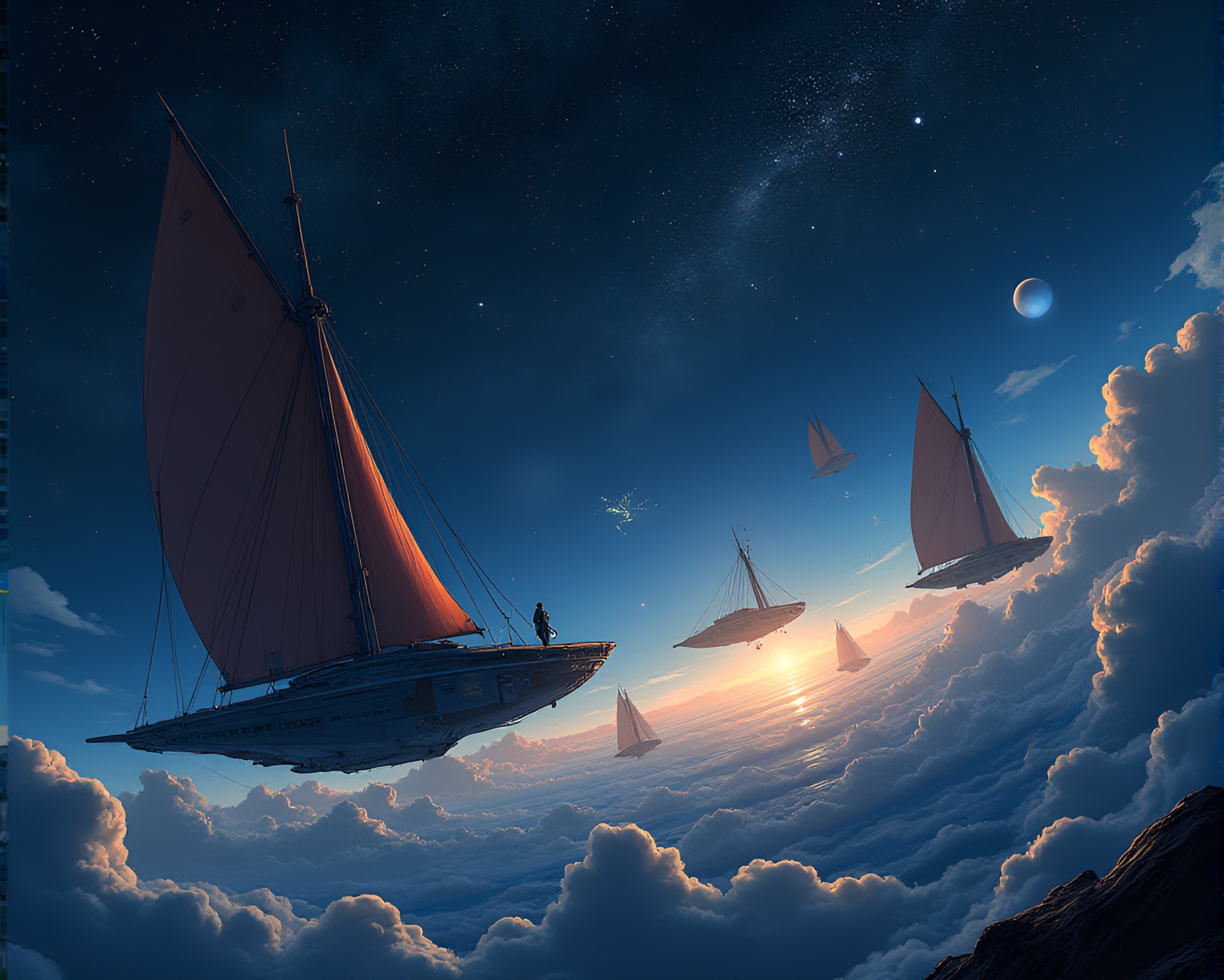Majestic Fleet of Solar Sail Ships in Noir Drama – free AI stock image