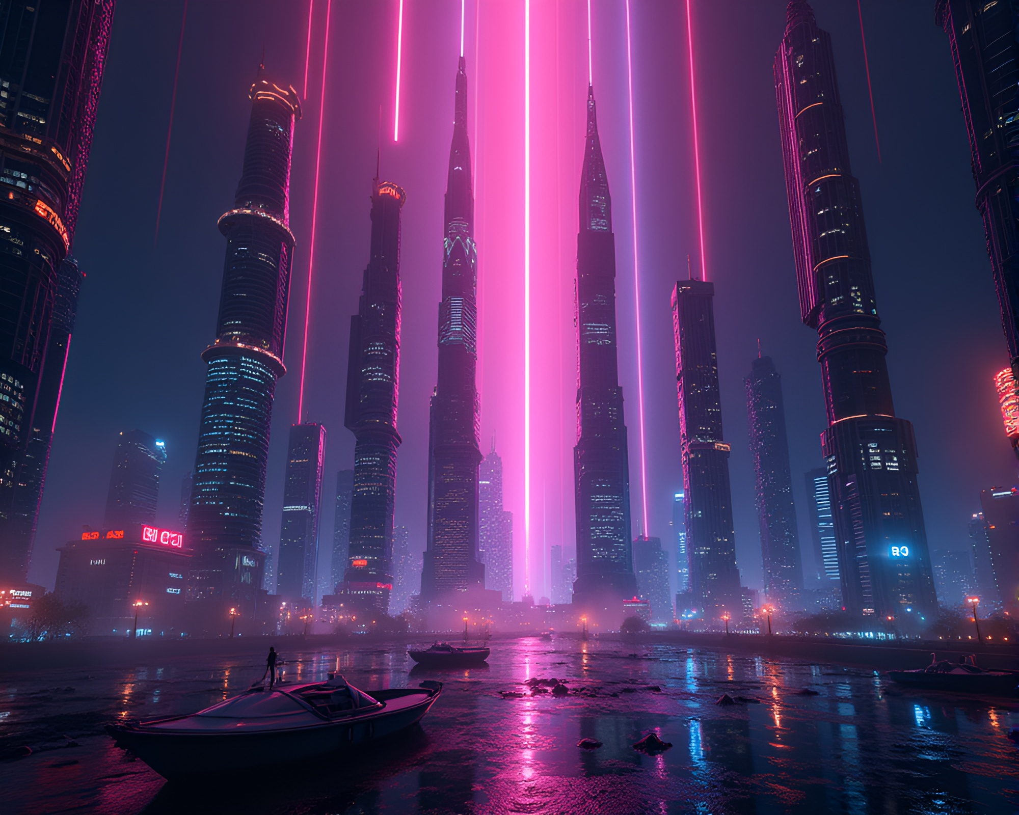 Neon-lit Futuristic Cityscape Contrasting Against Surreal Digital Backdrop – free AI stock image