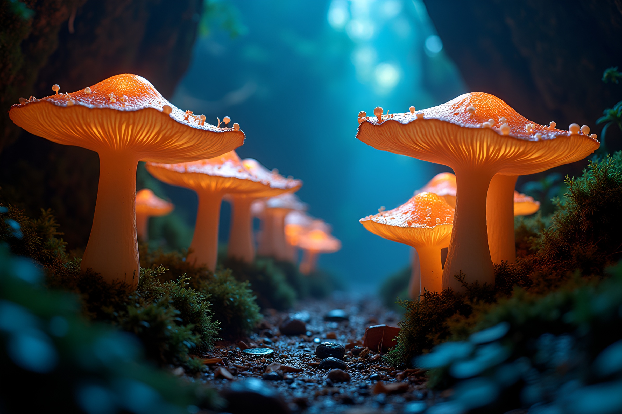 Enchanted Subterranean Fungus Forest with Reflective Mushrooms – free AI stock image