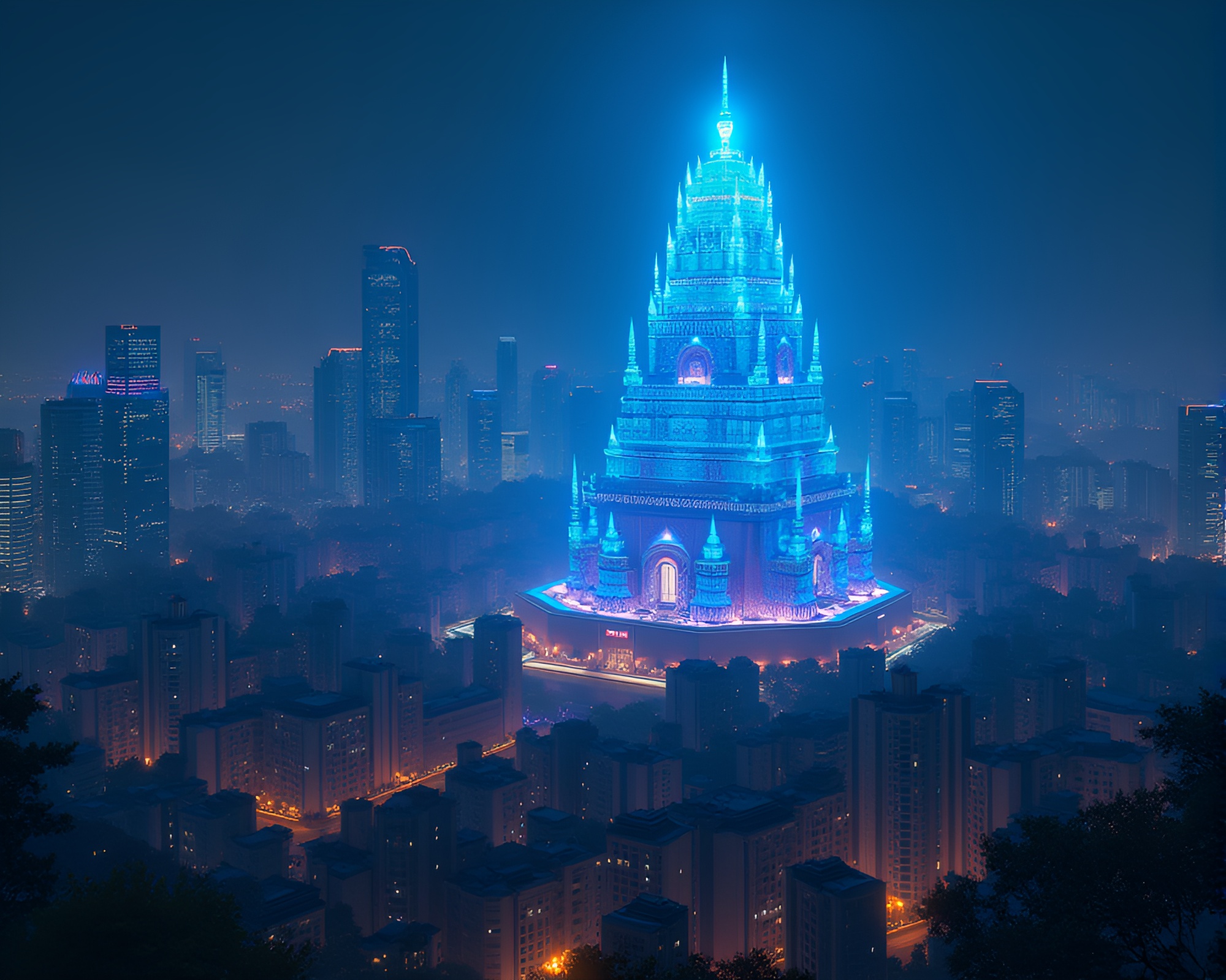 Bioluminescent Ancient Temple Illuminates Urban Night Sky – free AI stock image