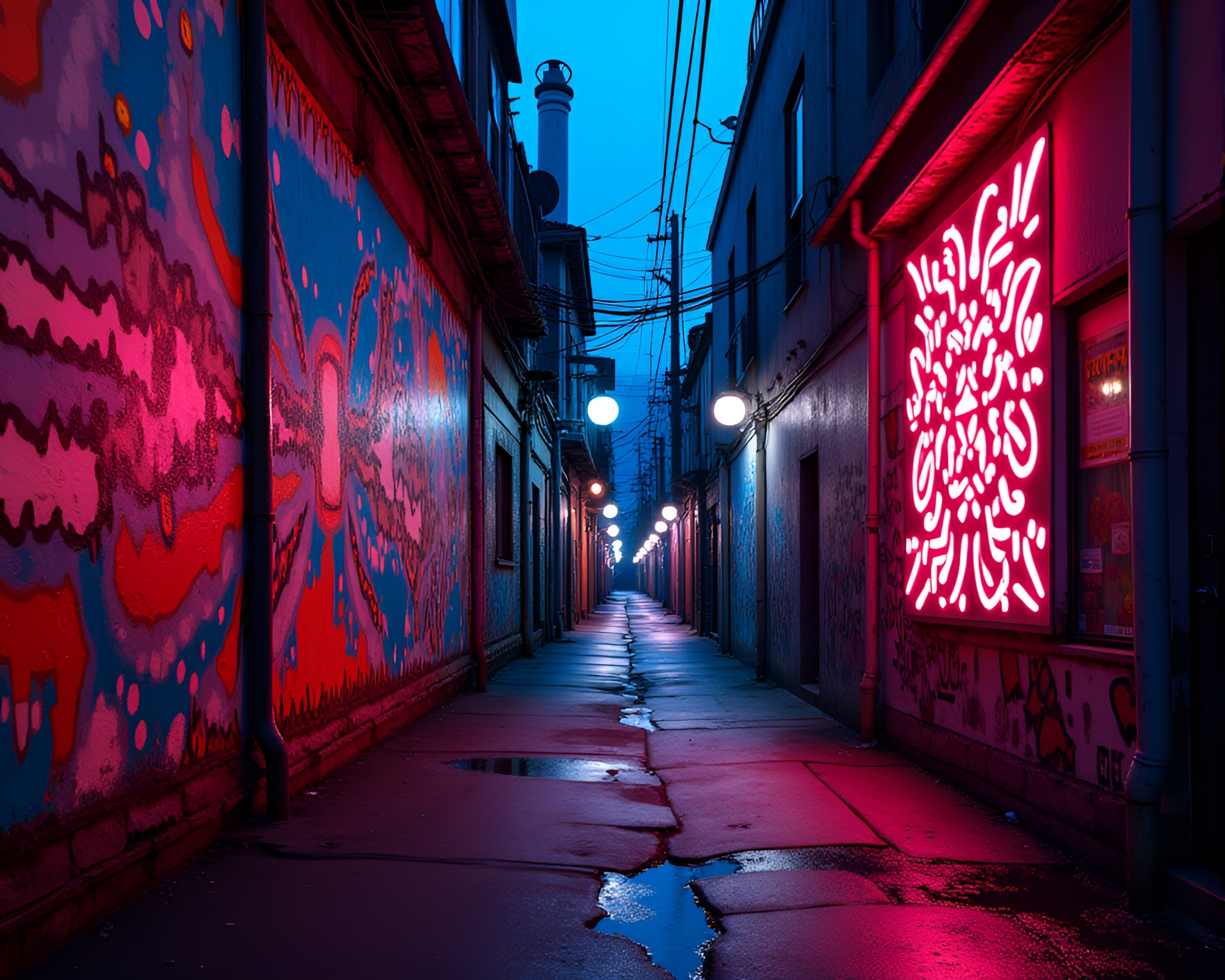 Vibrant Cubism Mural Illuminates Urban Alleyway with Neon Lights – free AI stock image