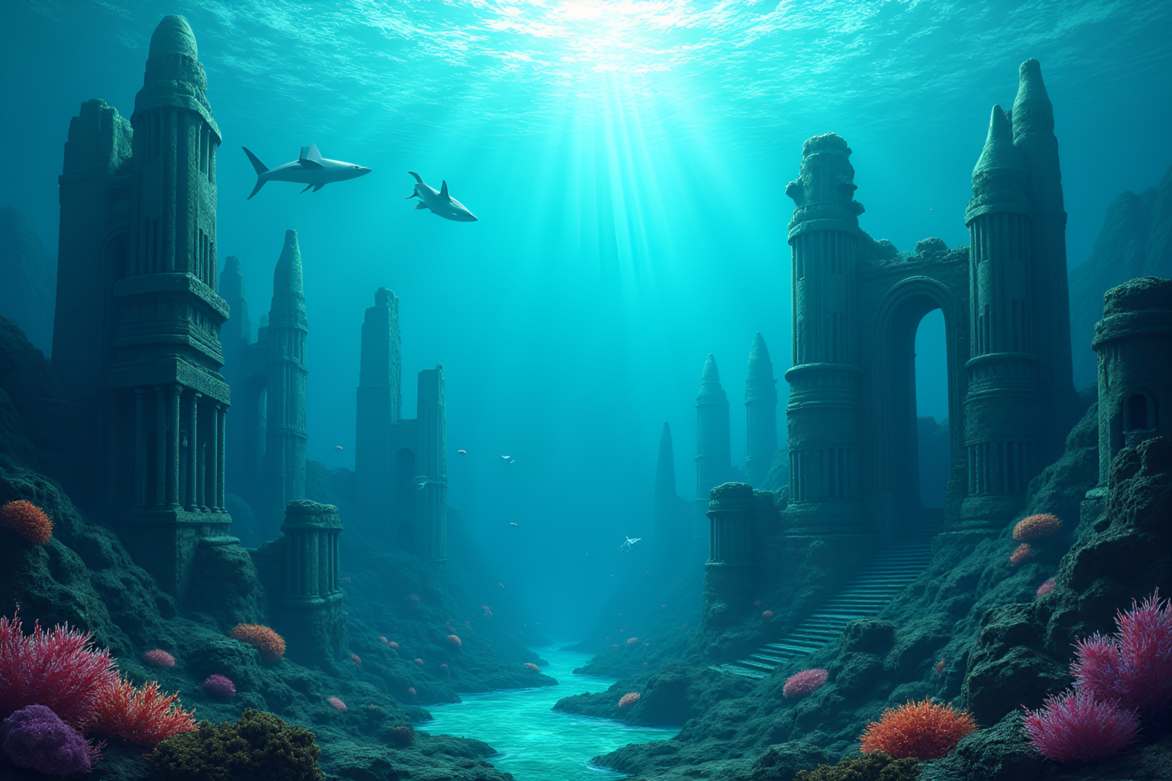 Enchanting Underwater Cityscape with Ancient Ruins – free AI stock image
