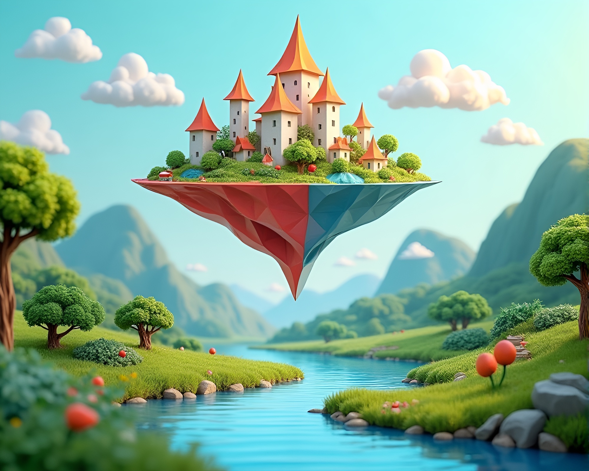 Vibrant Origami City Floating in Lush Acrylic Landscape – free AI stock image