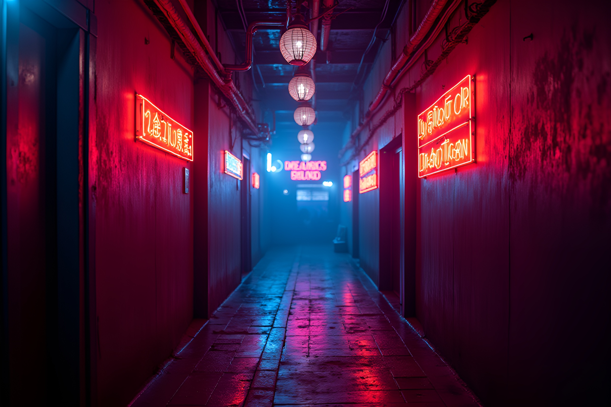 Neon-Splashed Alleyway Spectacle – free AI stock image