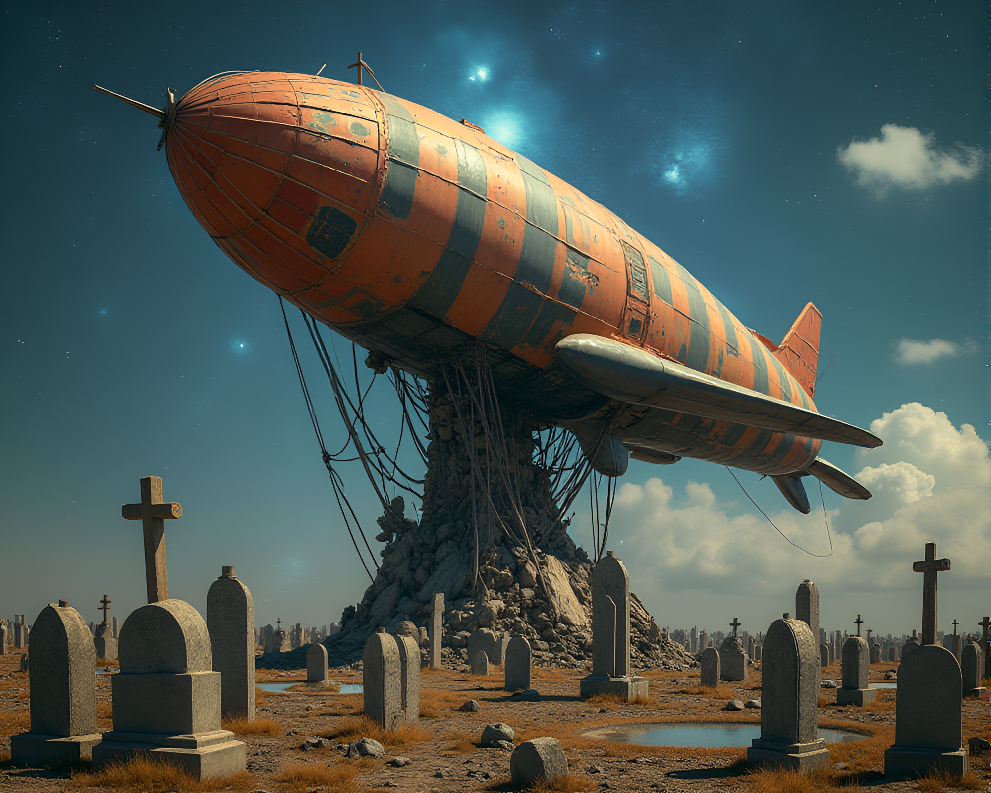 Surreal Cosmic Kinetic Zeppelin Sculpture in Graveyard – free AI stock image