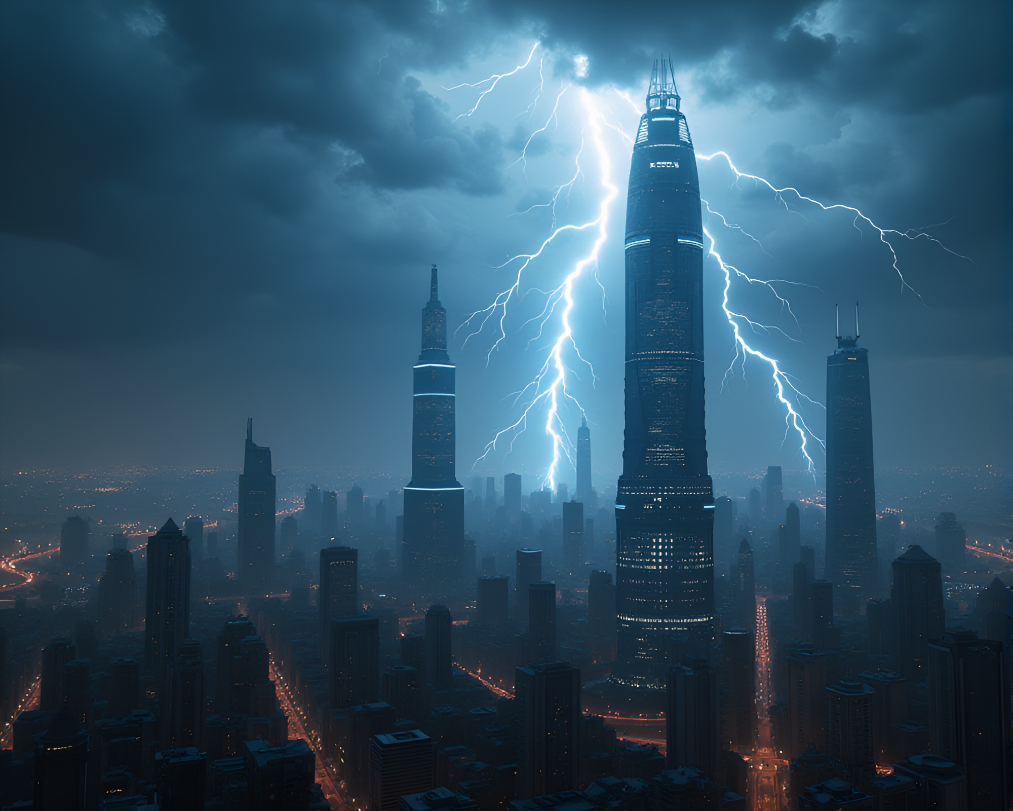 Stunning Hyper-Realistic Cityscape Engulfed in Electric Storm – free AI stock image