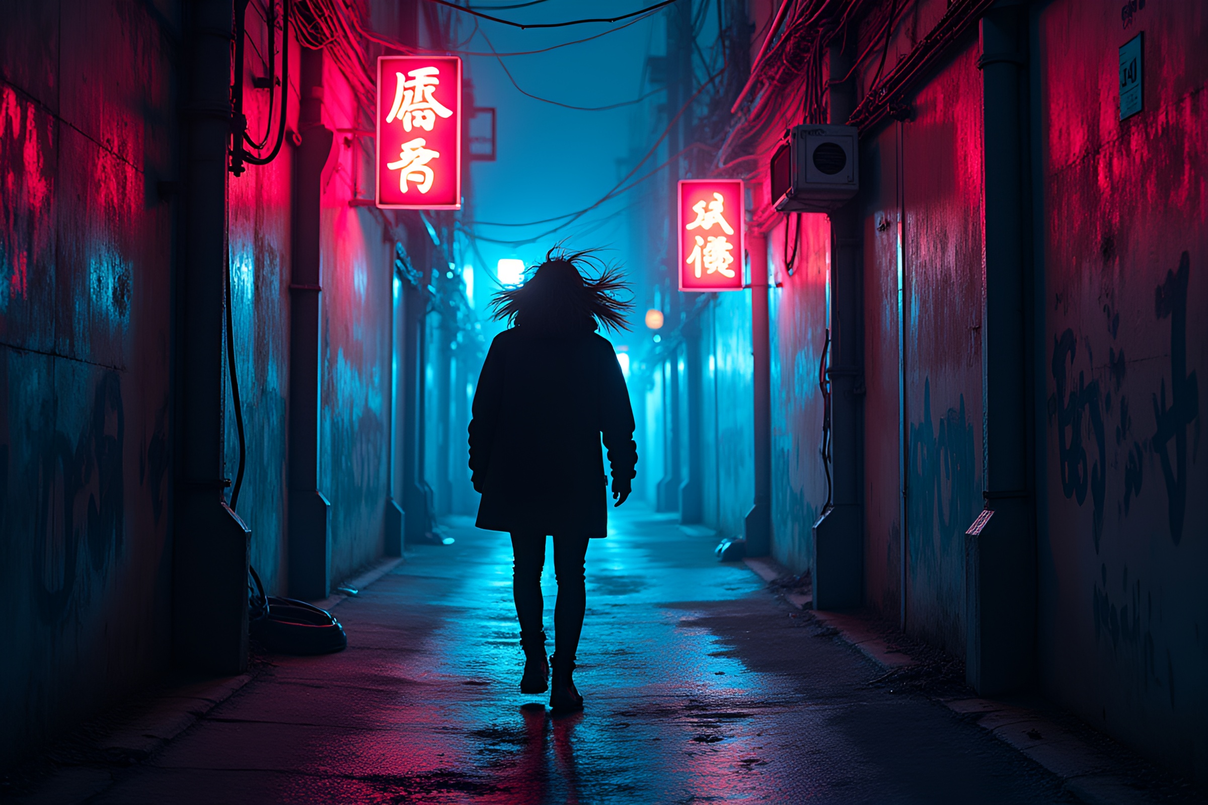Neon Mystery: Vibrant Alleyway Sketch Art – free AI stock image