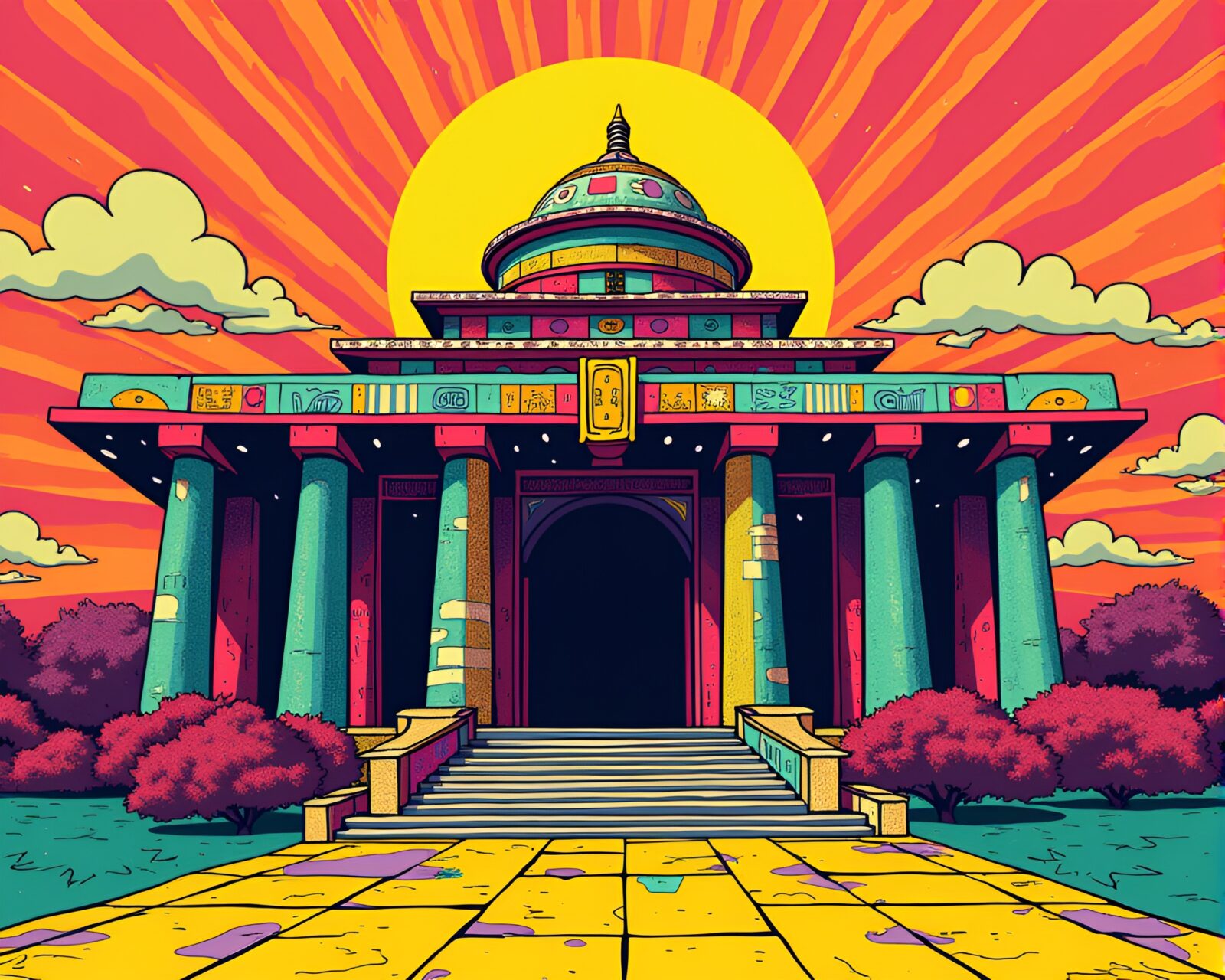 Vibrant Pop Art-style image of glyph-covered temple