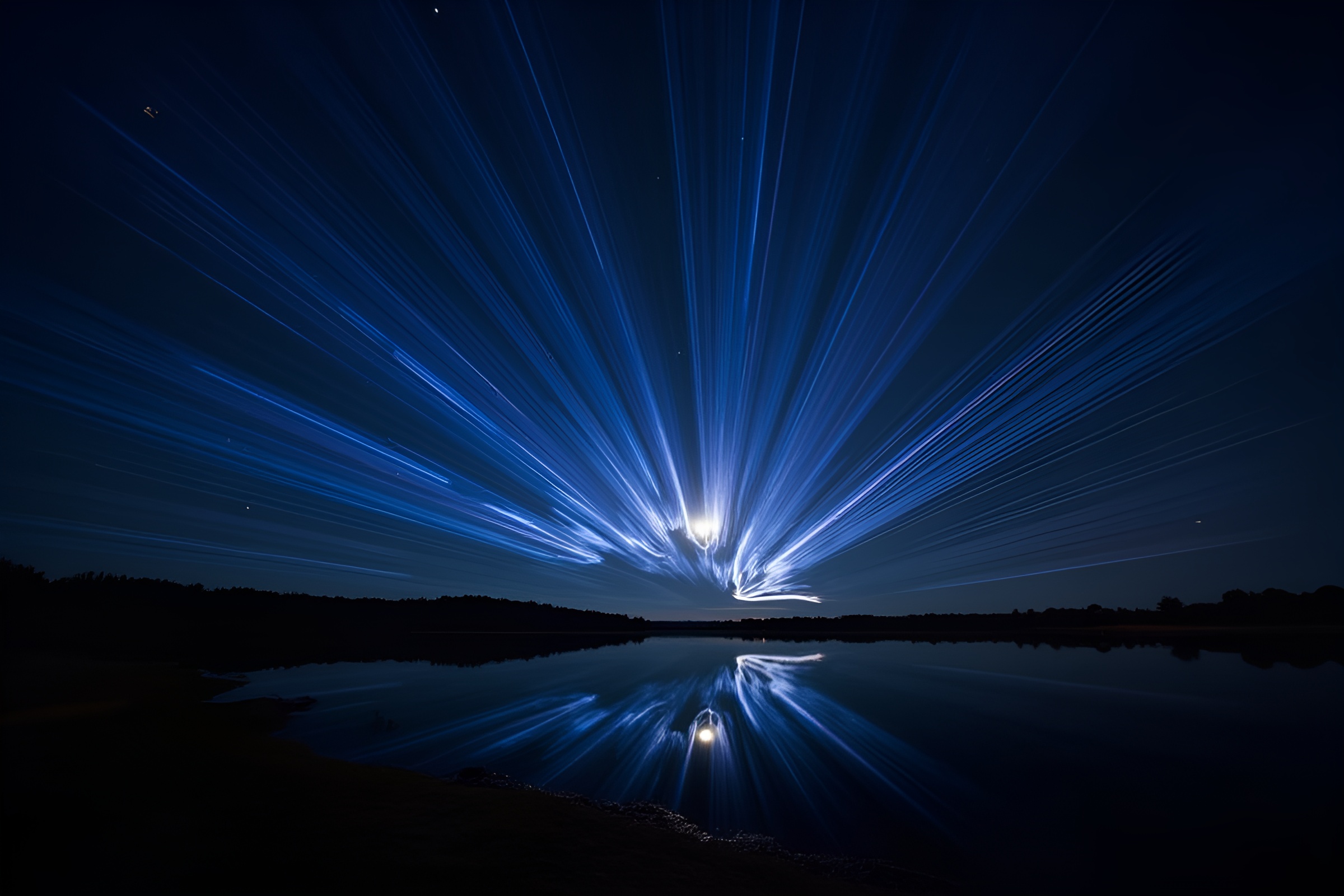 Dynamic Light Trails Illuminate Serene Night Landscape – free AI stock image