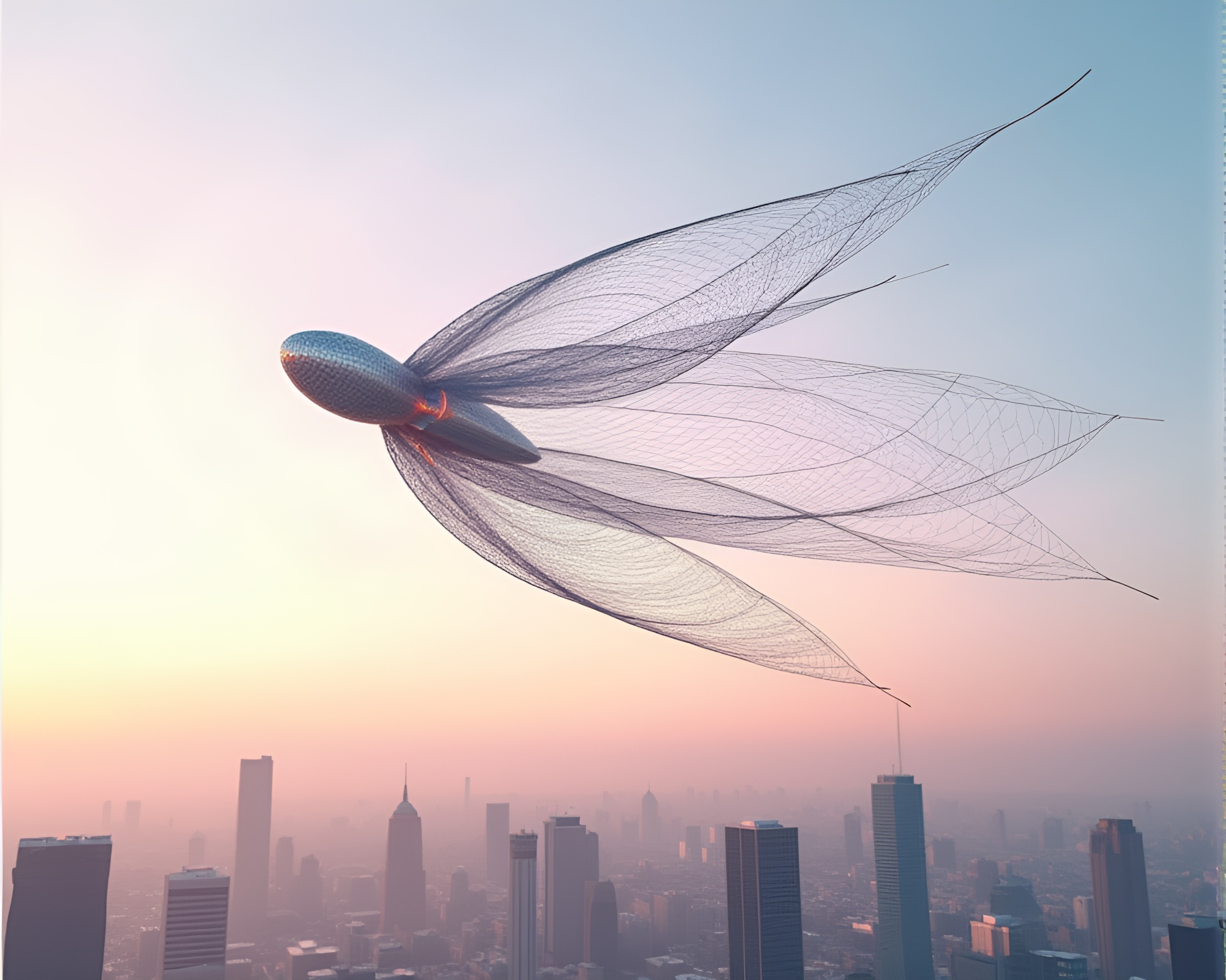 Dynamic Kinetic Sculpture Soars Over Urban Skyline – free AI stock image