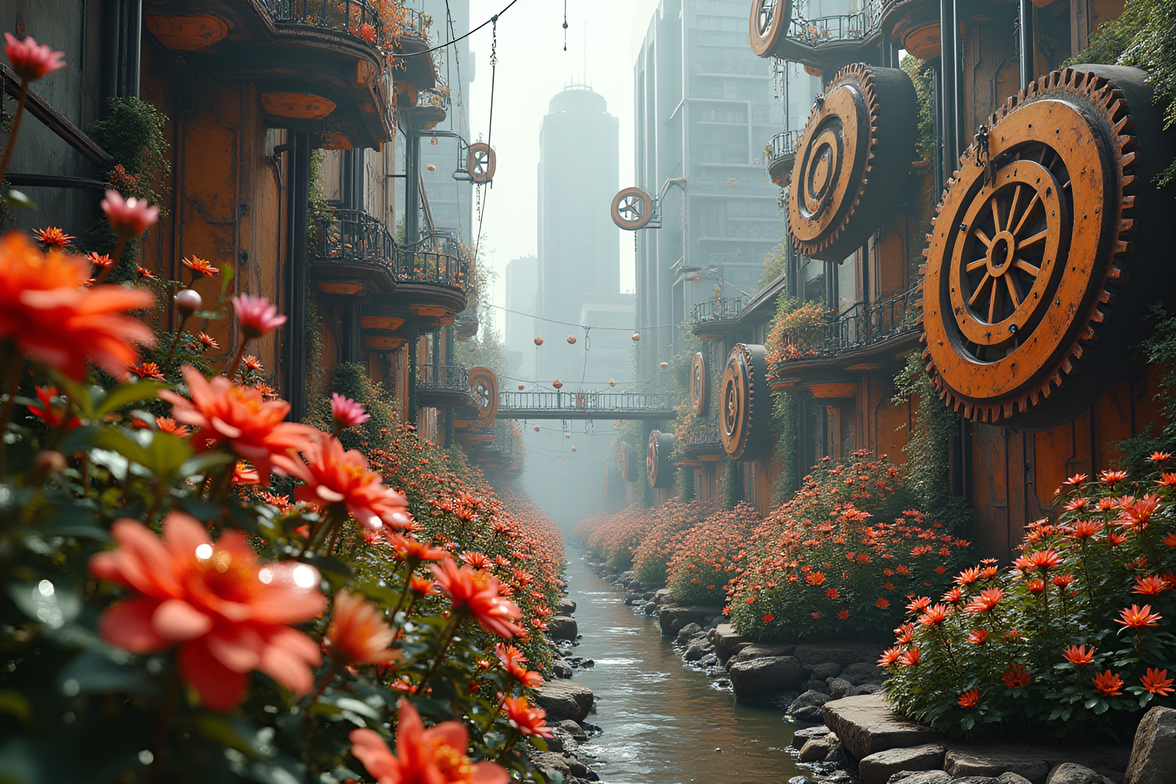 Futuristic Clockwork Garden Amidst Cityscape – free AI stock image