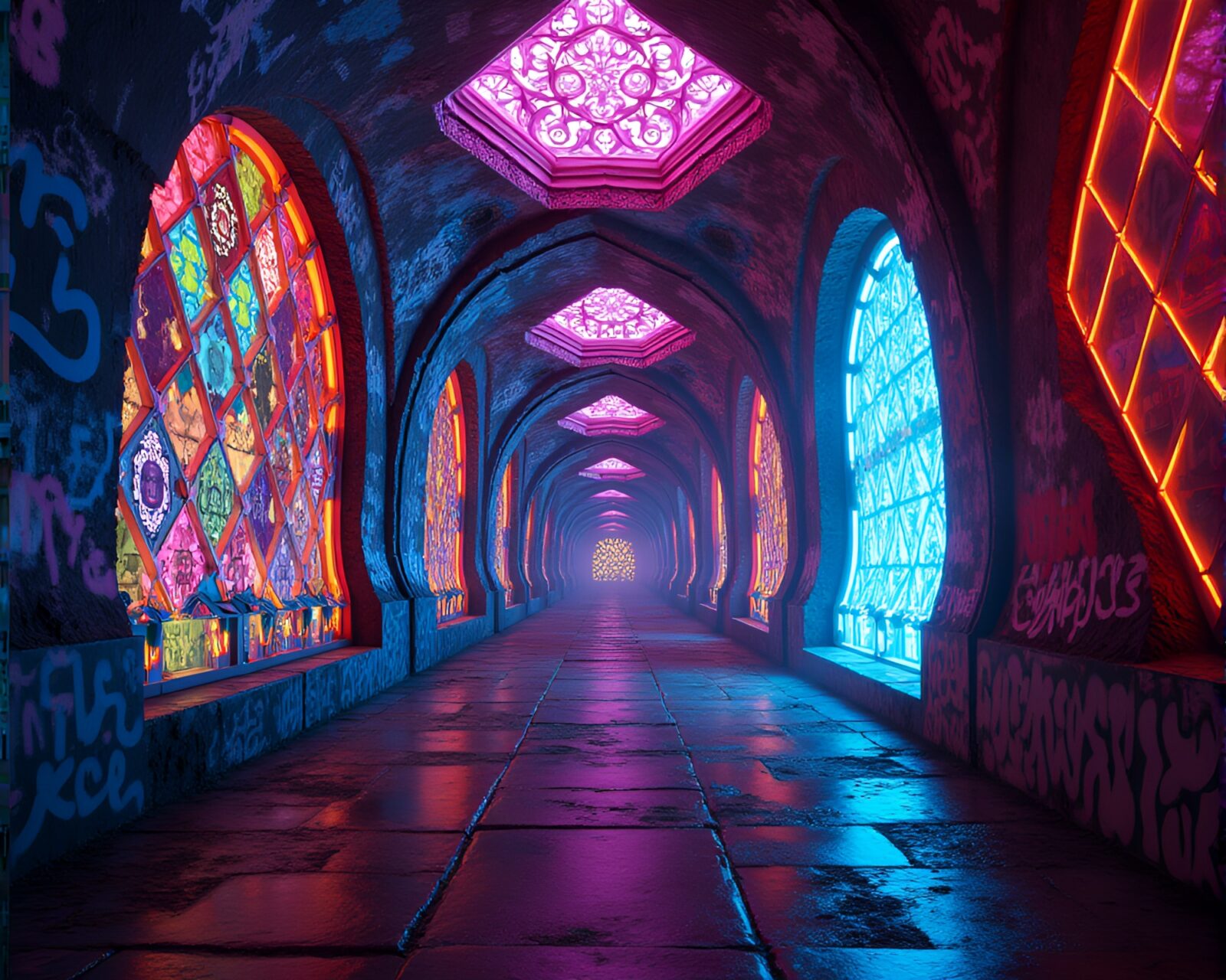 Mesmerizing futuristic tunnel with neon graffiti and stained glass patterns