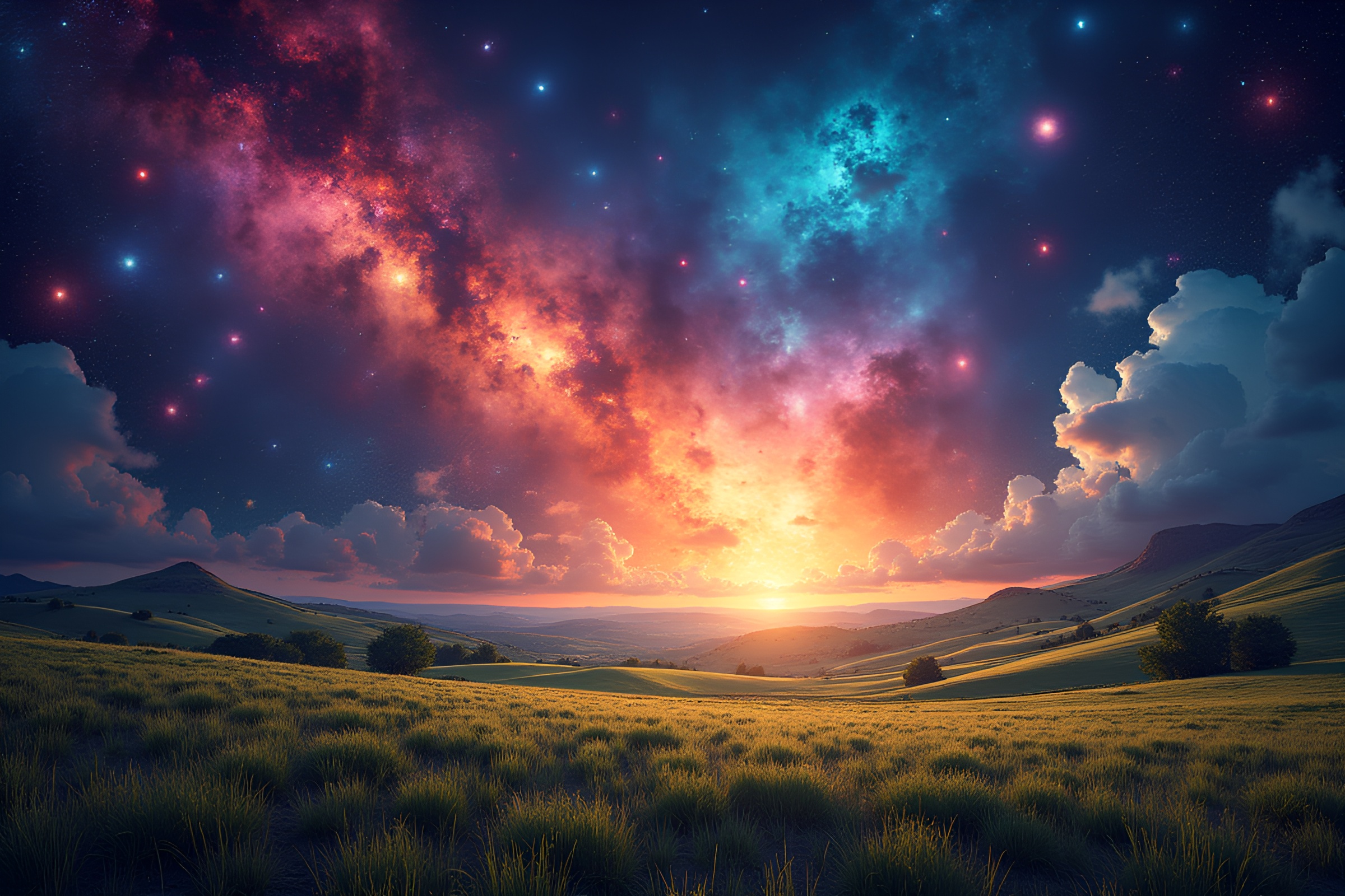 Pop Art Cosmic Nebula Over Pastoral Landscape – free AI stock image