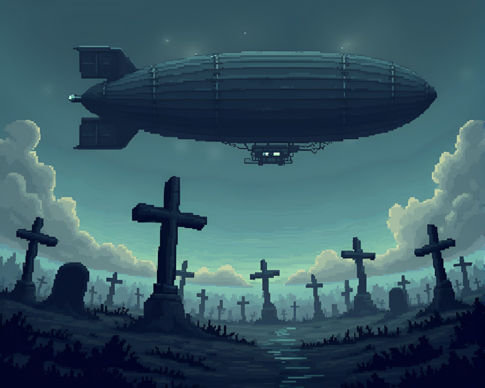 Pixel art of desolate zeppelin graveyard under foreboding sky
