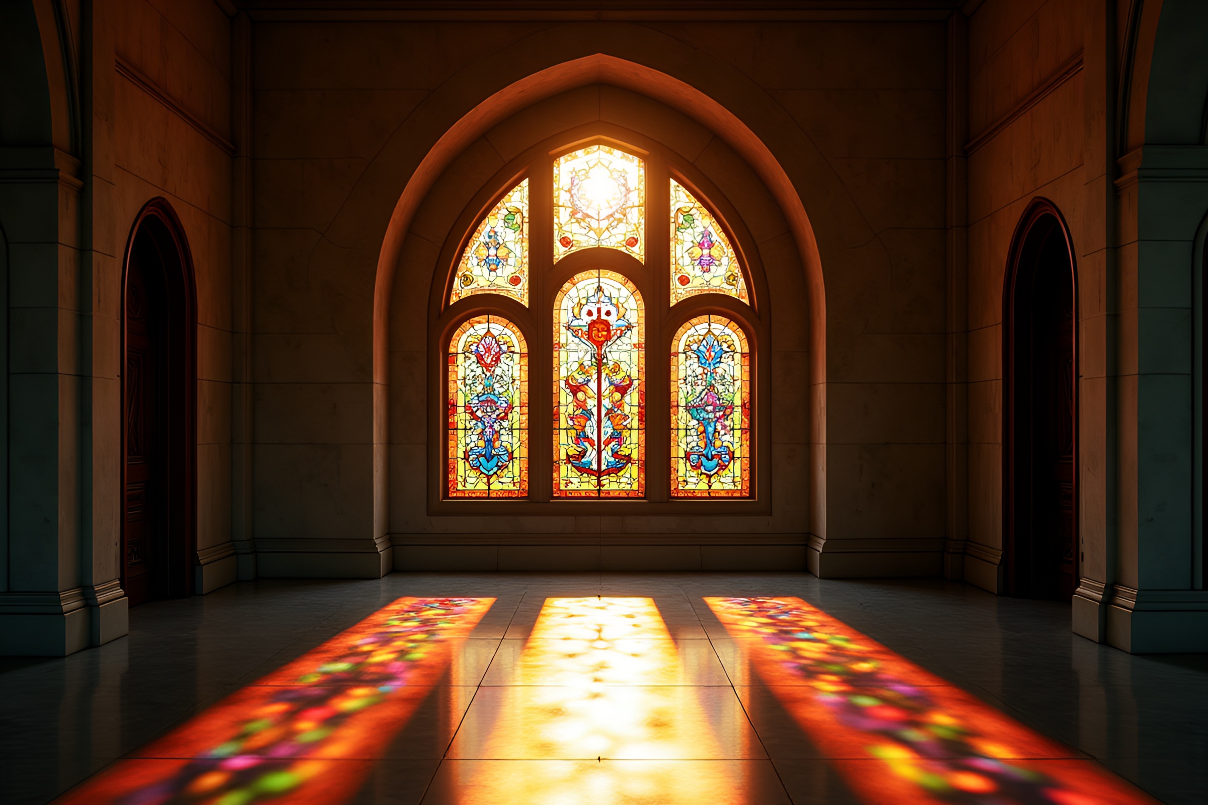Serene Sunlight in Zero-Gravity Stained Glass Chamber – free AI stock image