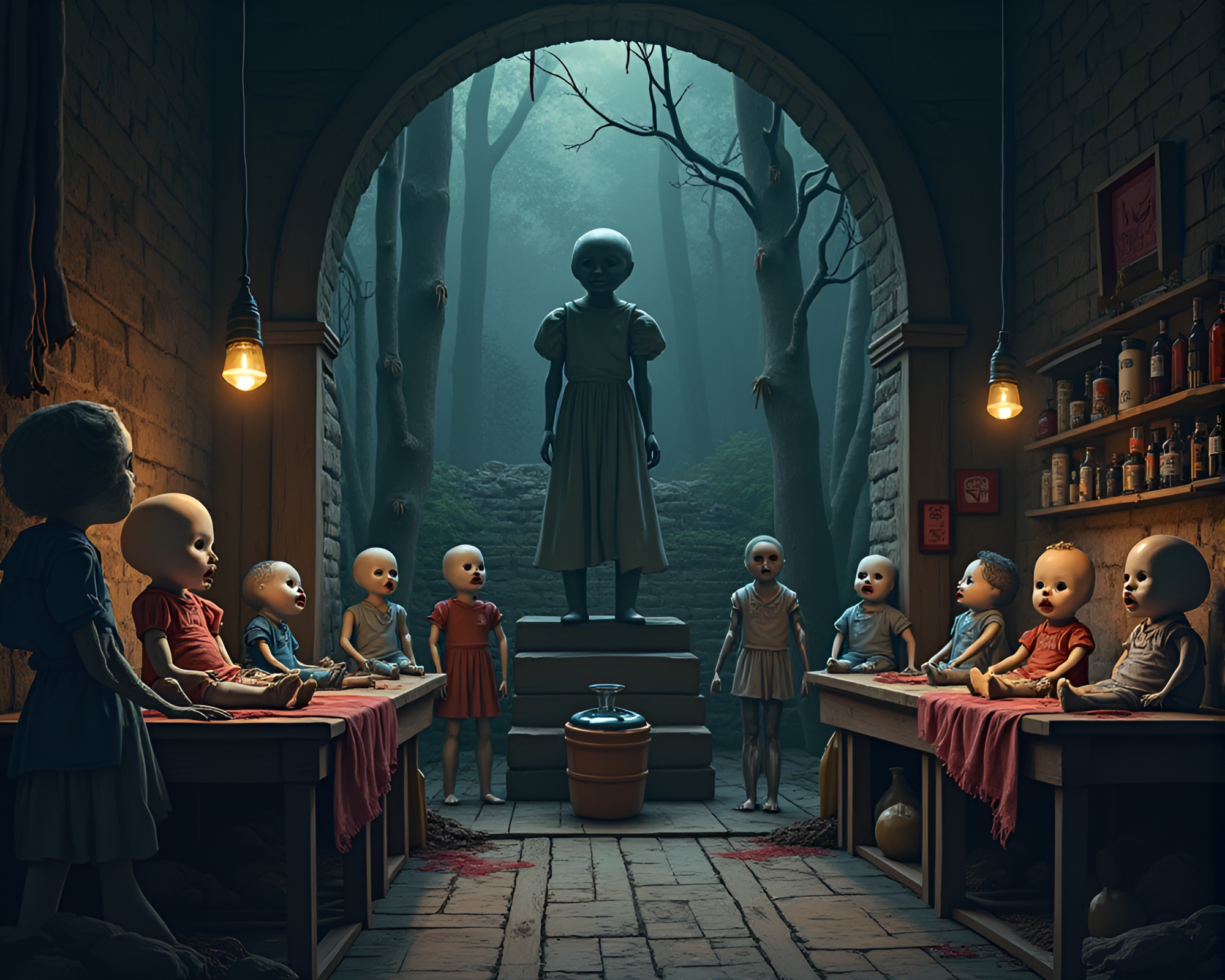 Eerie Static Doll Workshop in Macabre Vector Illustration – free AI stock image