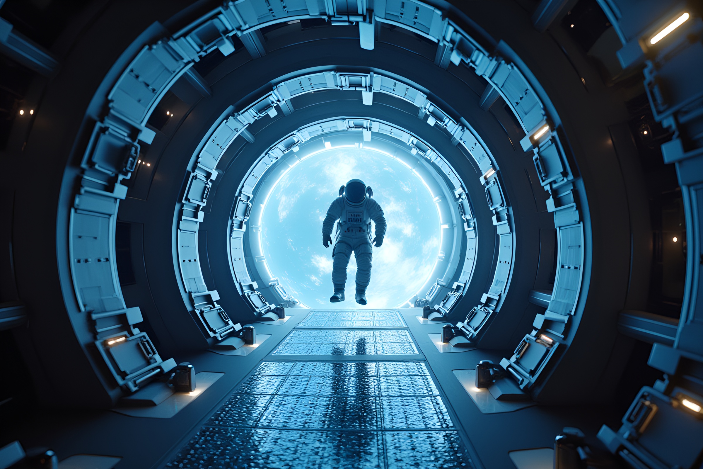 Futuristic Zero-Gravity Chamber with Astronauts Floating – free AI stock image