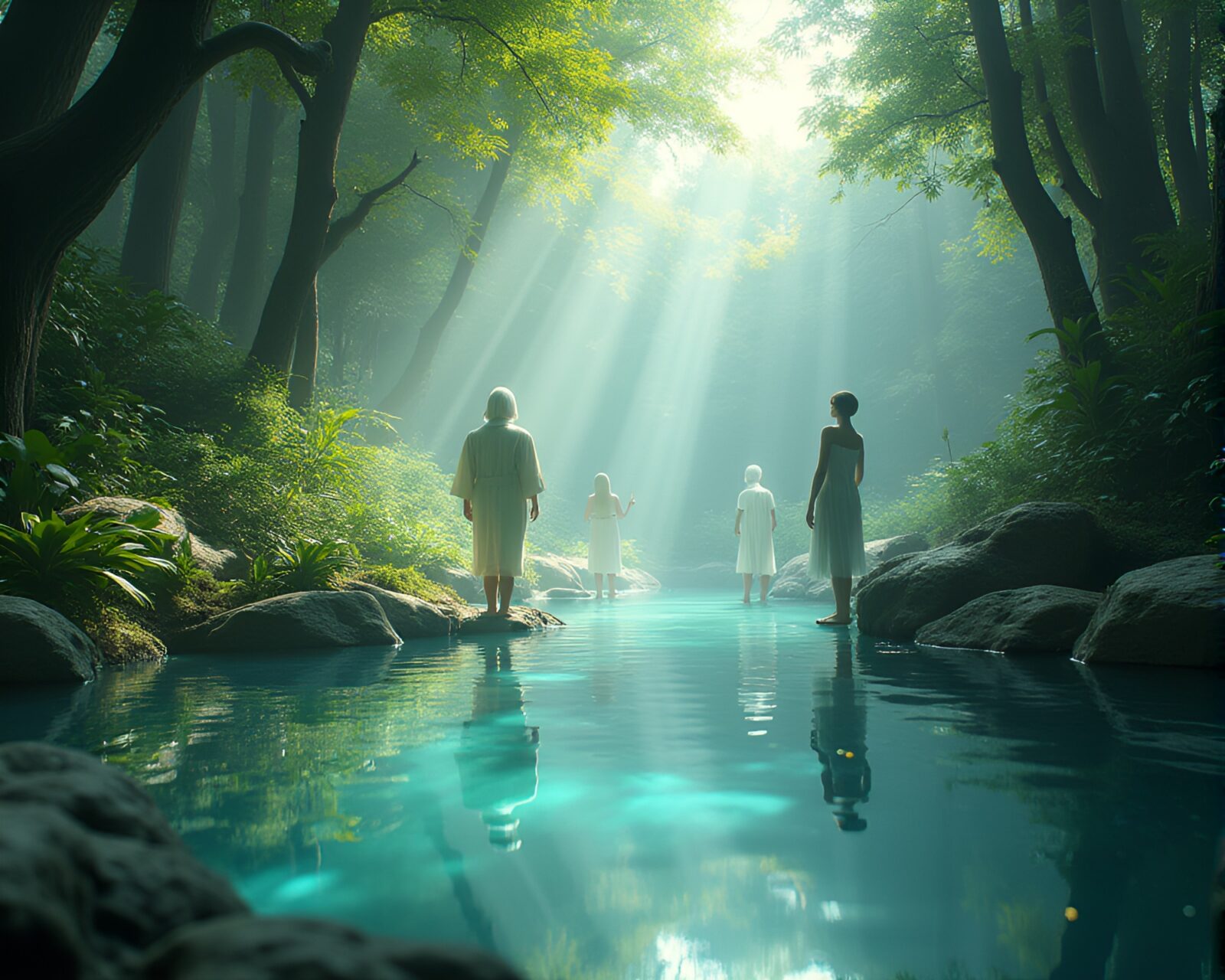 Serene oasis with ethereal beings in mirror pool