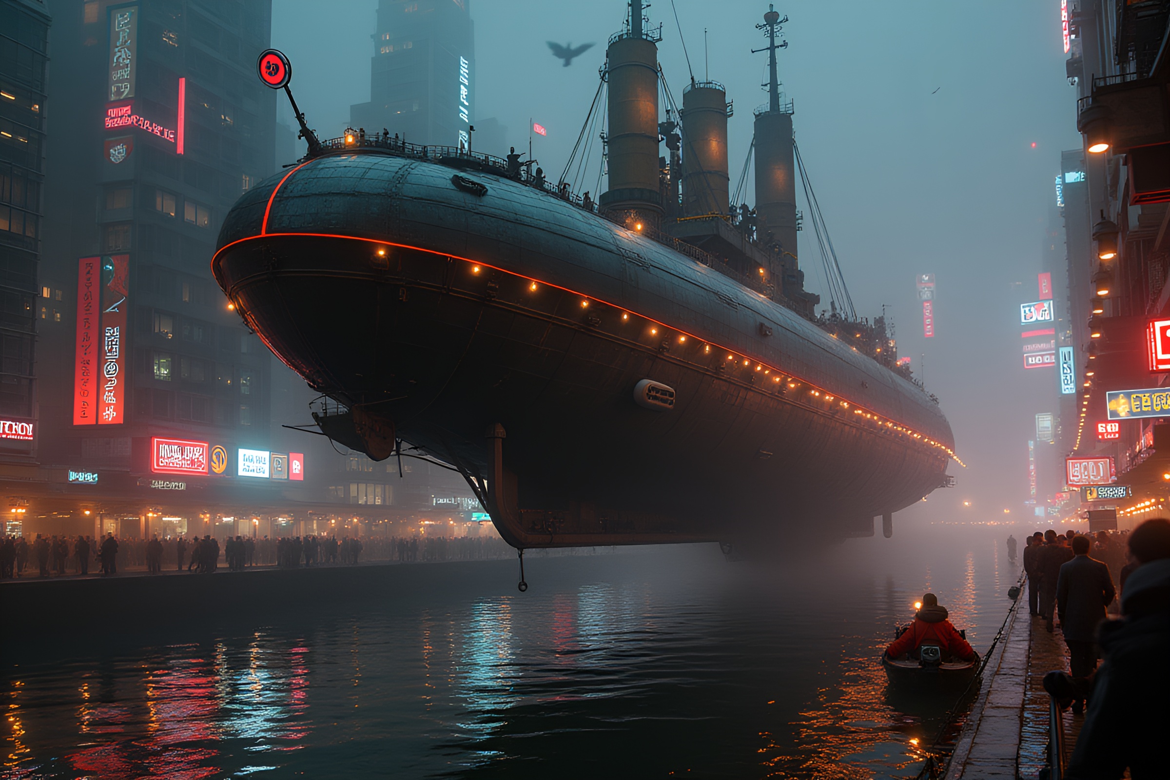 Steampunk Airship in Noir City Port – free AI stock image