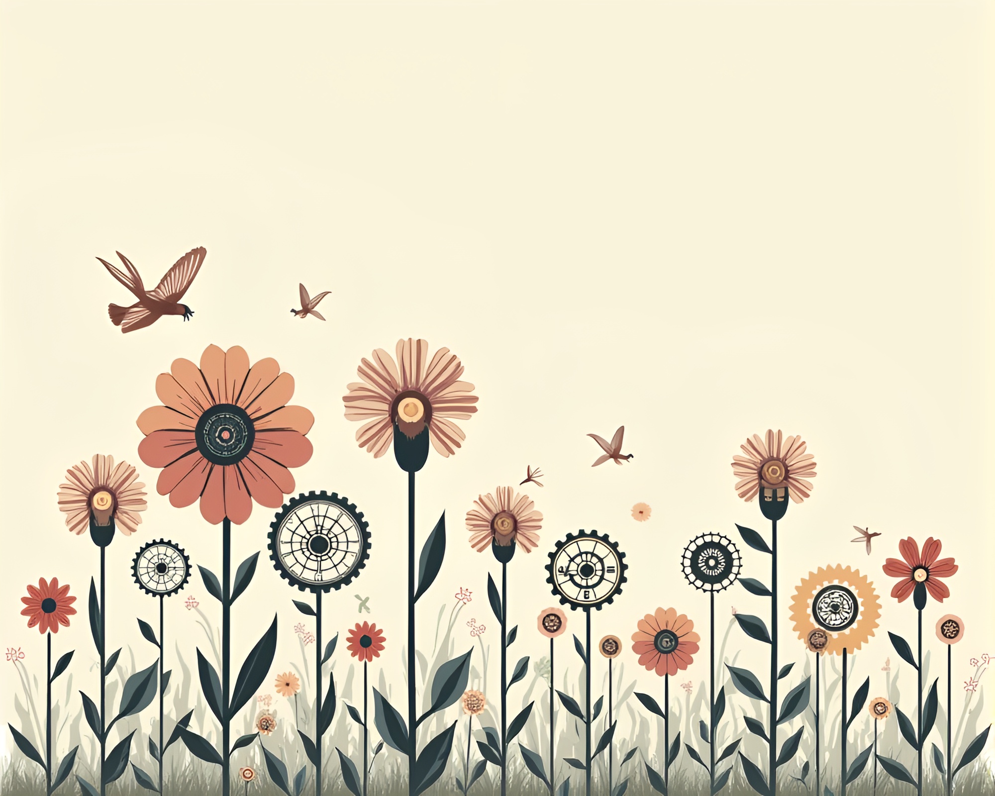 Clockwork garden with intricate mechanical flowers illustration – free AI stock image