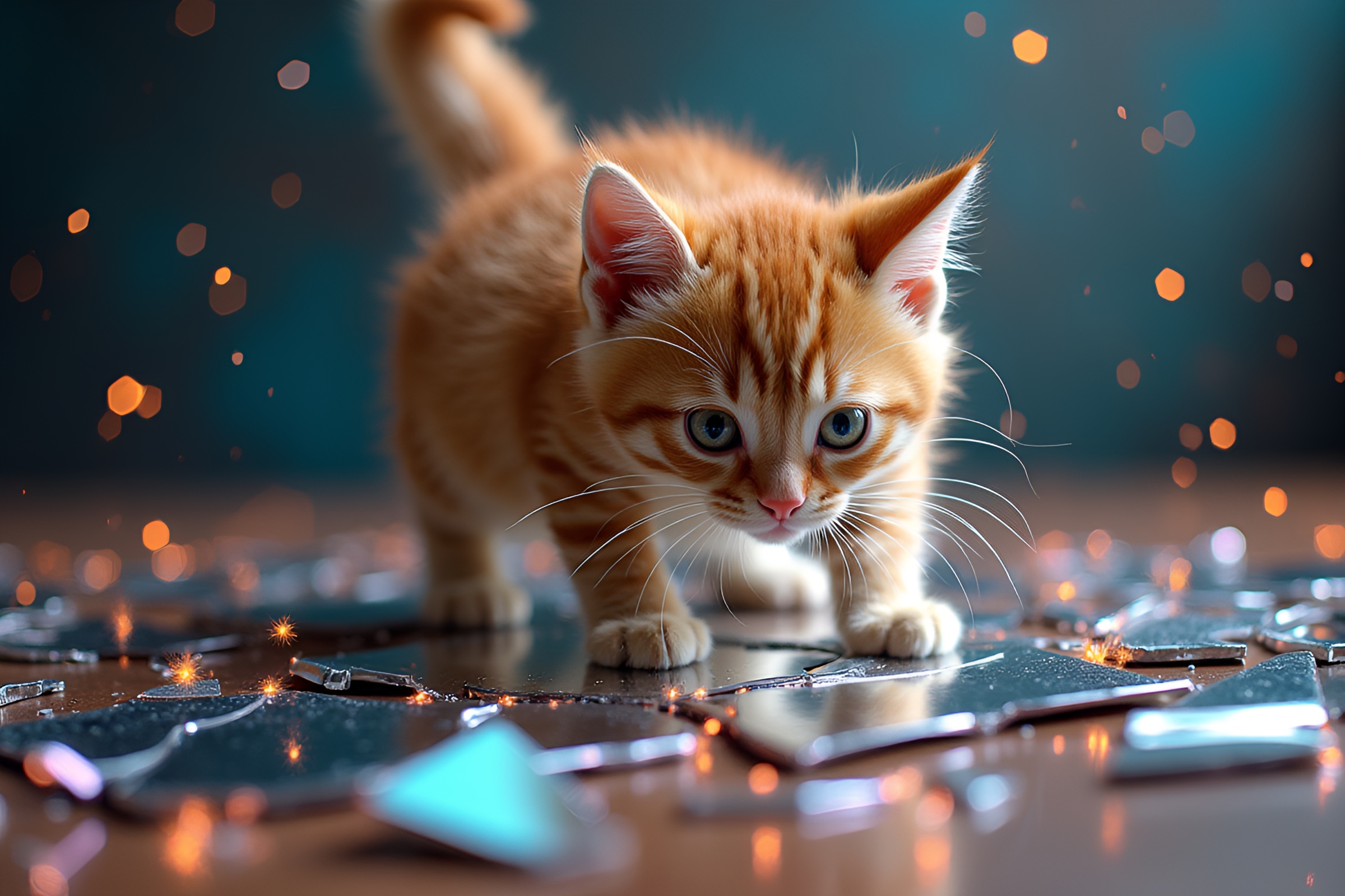 Playful Cat Among Colorful Shattered Mirror Pieces – free AI stock image