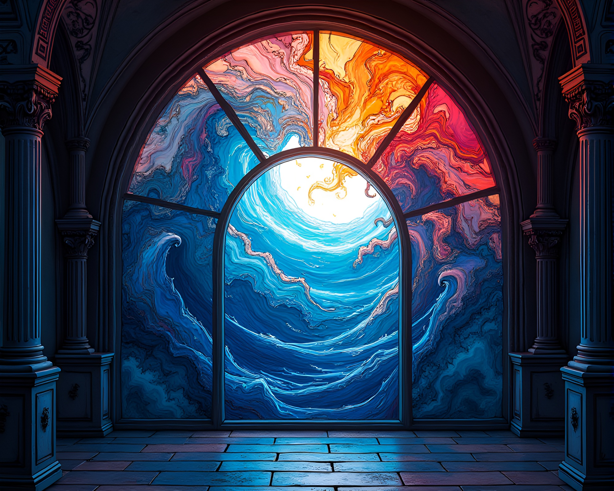 Vibrant Stained Glass Window Overlooking Swirling Ocean – free AI stock image
