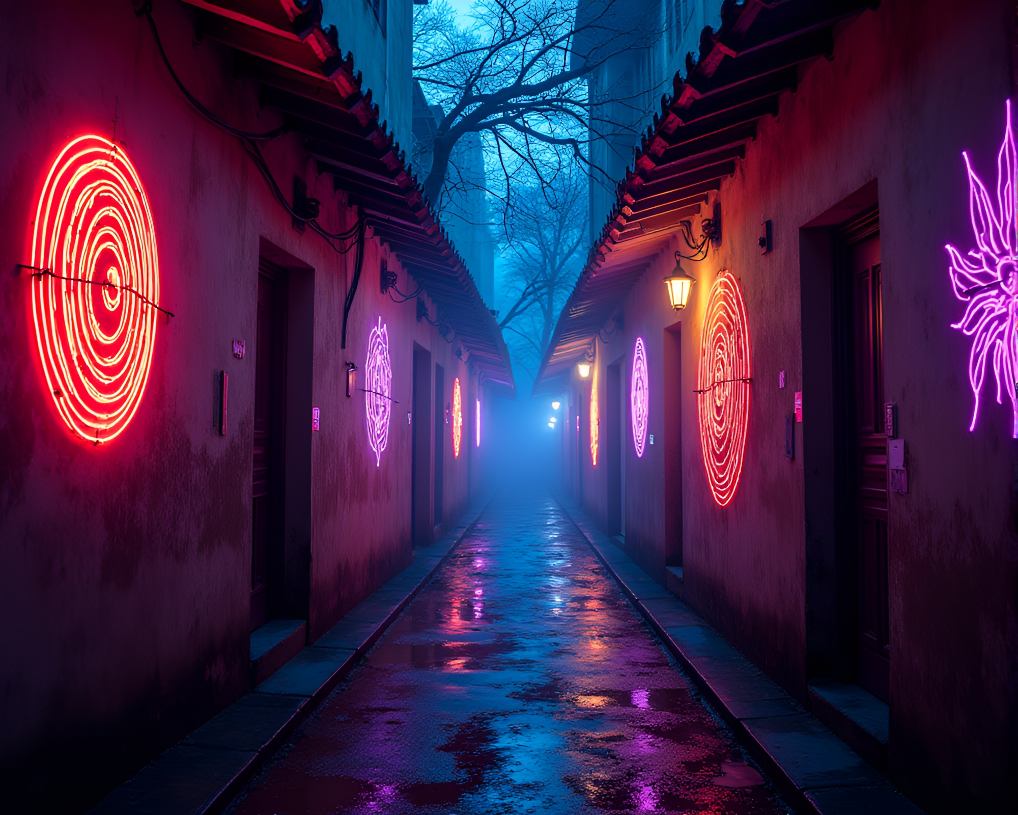 Neon-Saturated Alleyway with Eerie Embroidery Patterns – free AI stock image